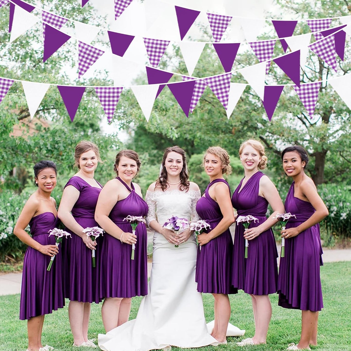 32Ft Purple Party Decorations Purple Buffalo Plaid Checkered White Triangle Flag Gingham Pennant Banner Fabric Garland for Wedding Birthday Picnic BBQ Outdoor Lavender Mermaid Party Decor Supplies