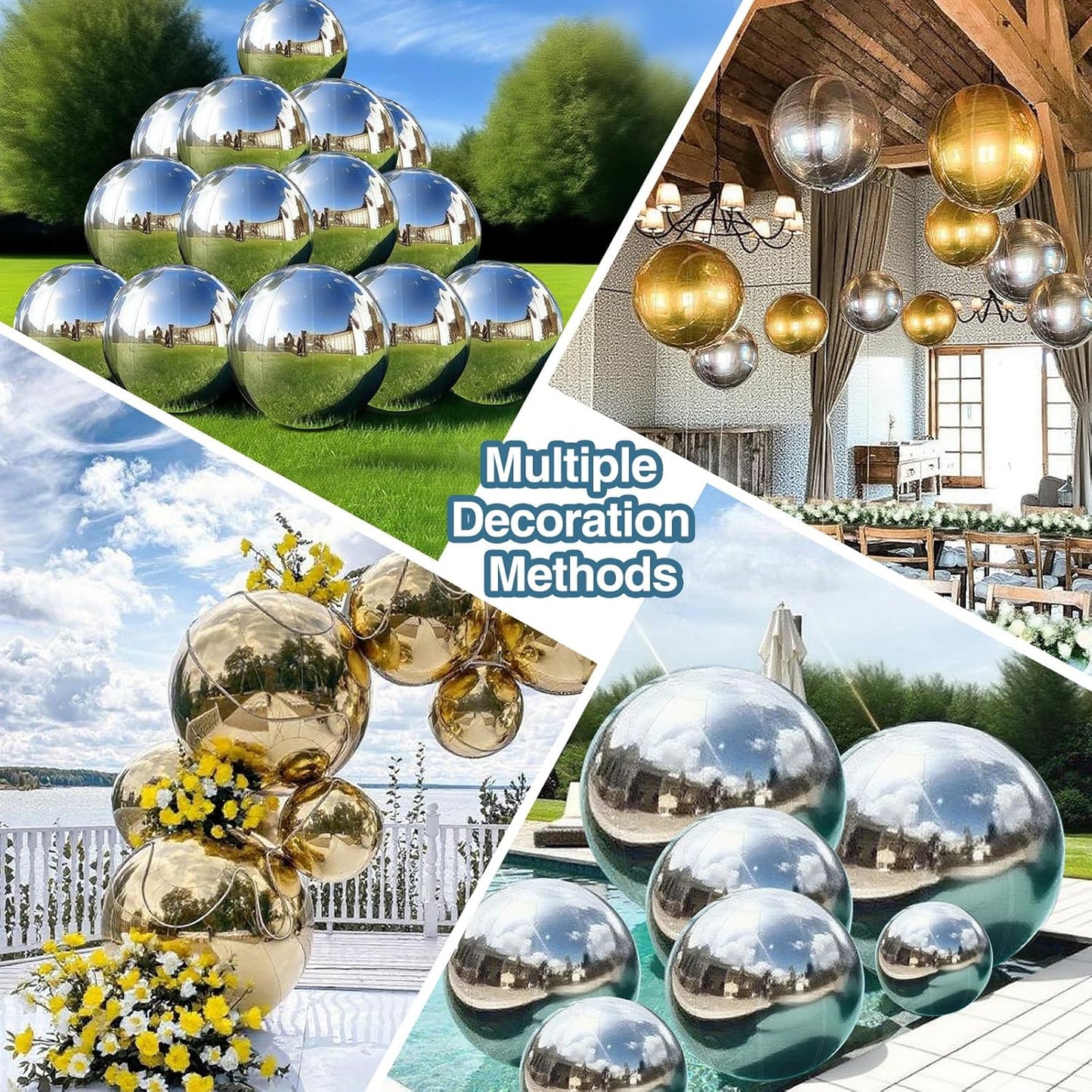2PCS 39.4in Silver Inflatable Mirror Ball, Big Shinny Balls Reusable Large PVC Disco Ball Balloon for Large Event Decoration, Party, Concerts, Stage, Wedding Decor, Without Air Pump