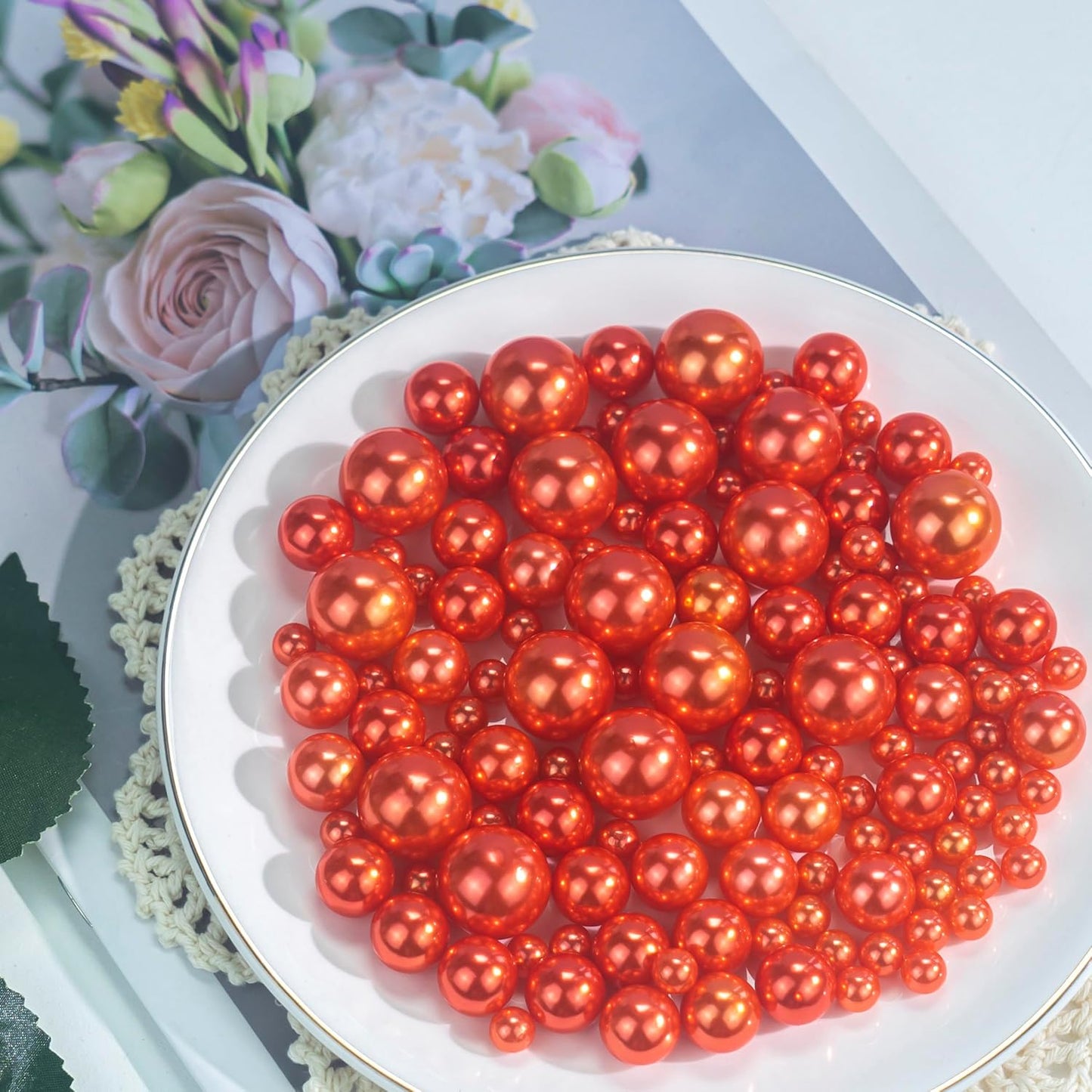 180PCS Orange Beads for Centerpieces Vases, No Hole Polished Pearl Makeup Beads Mixed 8/14/20mm Sizes, Pearl Vase Fillers Table Scatters for Party Wedding Decor