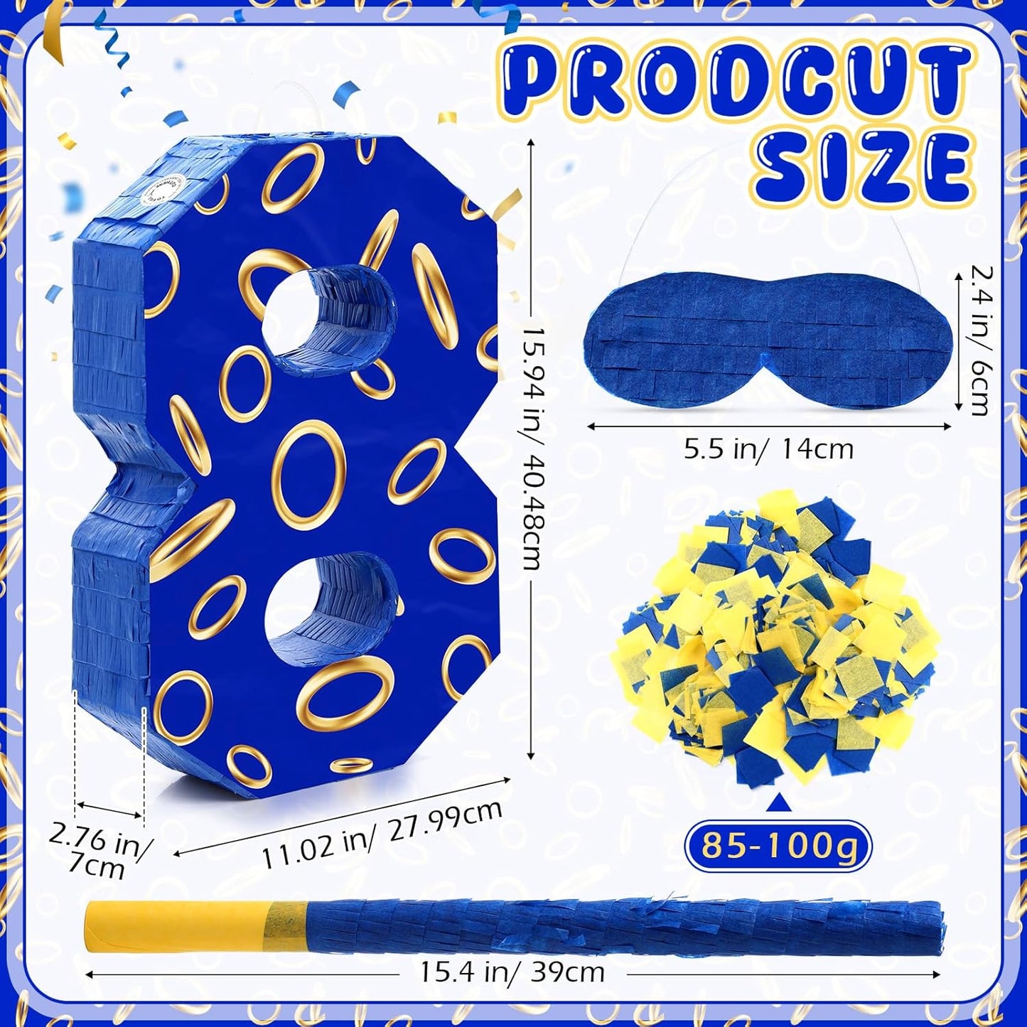 Number 8 Blue and Golden Rings Piñata for Kids Birthday Cartoon Theme Small Piñata with Blindfold Stick Confetti for Fiesta Cinco De Mayo Party Decor, 15.8 x 11 x 2.8 Inch