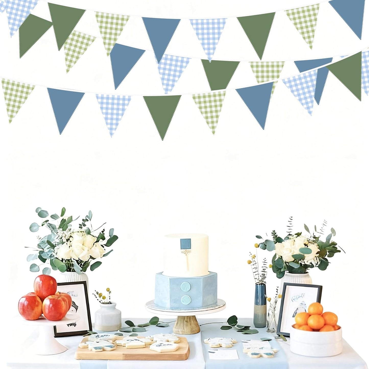 32Ft Blue Green Party Decorations Dusty Blue Sage Green Gingham Fabric Triangle Banner Flag Plaid Pennant Garland Streamers for Hole in One Birthday Baby Shower Masters Golf Graduation Decor Supplies
