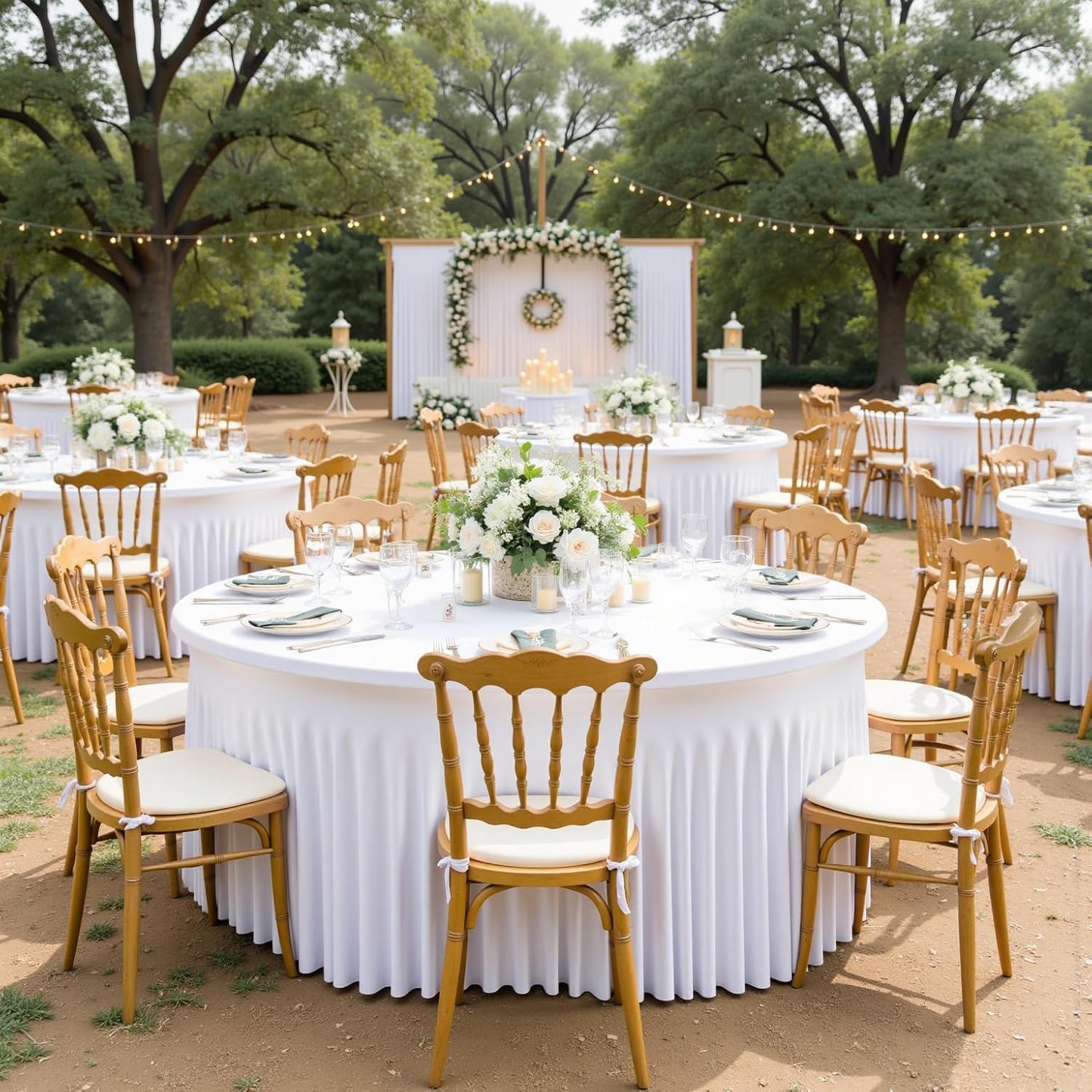 2 pk White Round Spandex Tablecloth for 60in Tables, Wrinkle Free Stretchy 120inch Fitted 5FT Table Cloths Round Table Covers with Skirt for Wedding Party Dining Banquet Events