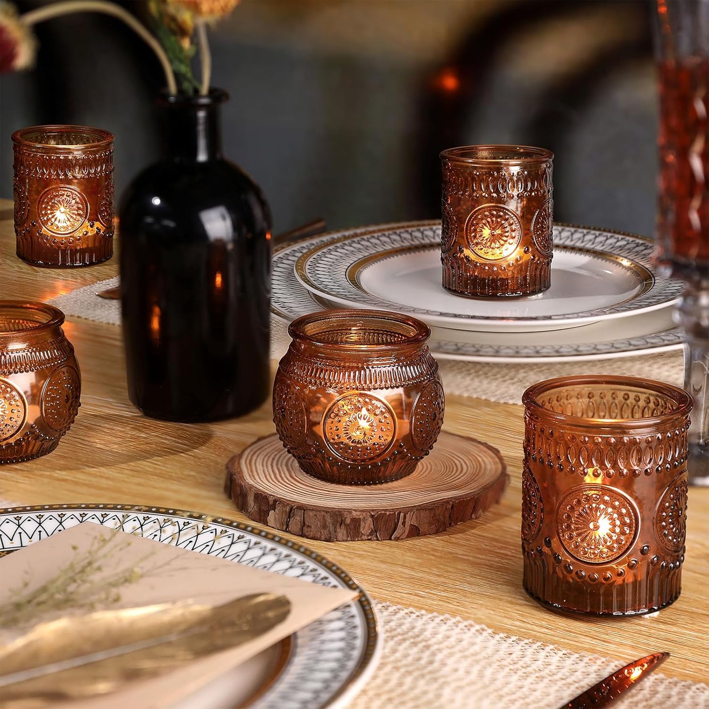 DARJEN 24Pcs Amber Votive Candle Holders - Vintage Glass Candle Holder, Candle Holders Bulk for Wedding & Home Decoration, Tea Lights Candle Holders for Festival Party Gift