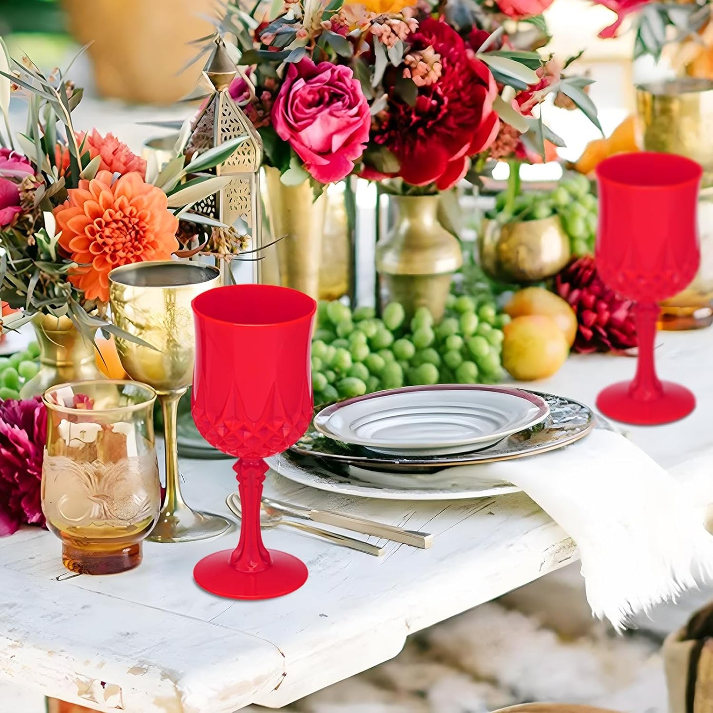 JLYLOL Plastic Vintage Wine Glasses 7OZ Plastic Goblets Vintage Drinking Glasses 24PCS Retro Wedding Glassware Water Goblets Reusable Drinking Cups for Party,Reception,Celebration,Bar,Whiskey(Red)