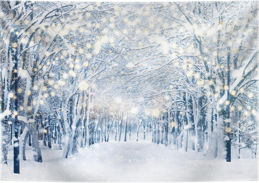 12x8FT Winter Snowy Scene Photography Backdrop Winter Wonderland Landscape Snowflake Tree Snowy Background Bokeh Glitter White Snow Forest Party Photo Booth Studio Props