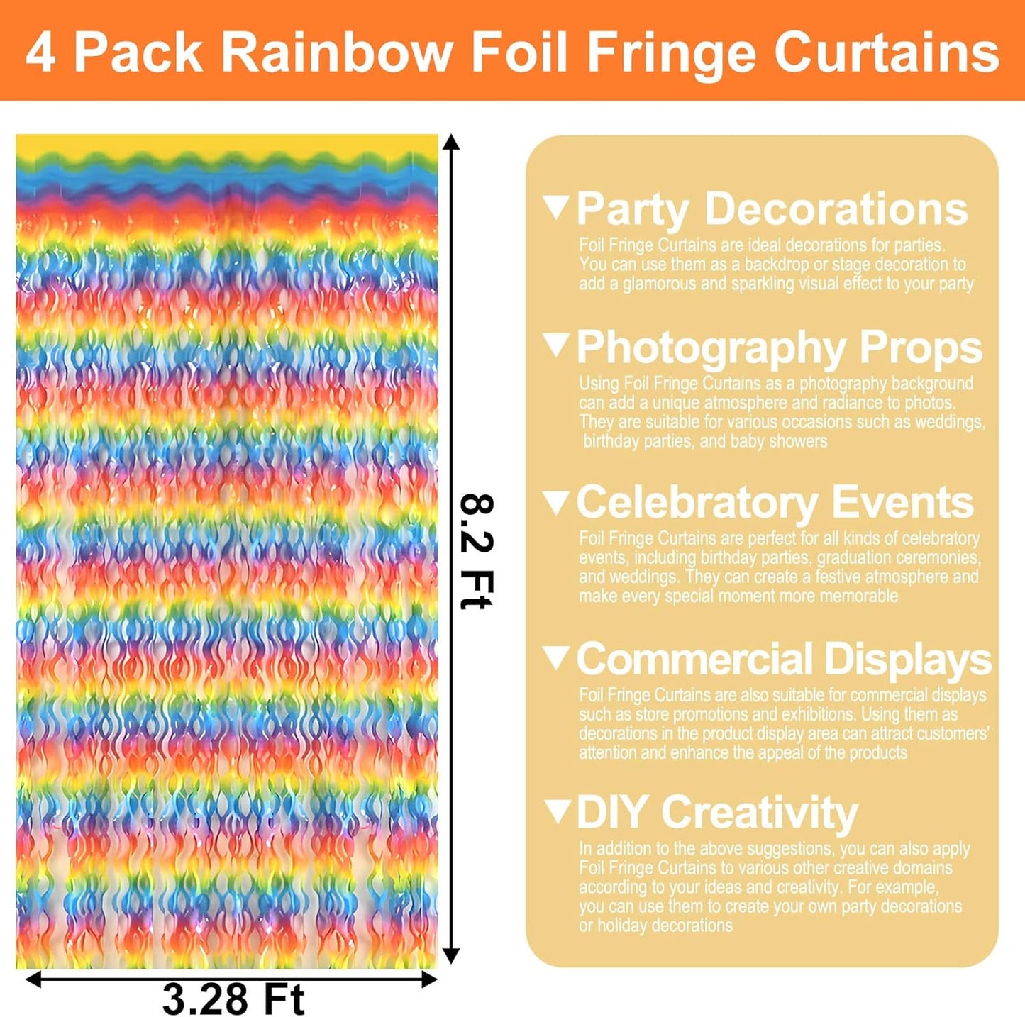 4 Pack Dark Rainbow Wave Foil Fringe Curtain Backdrop, 3.28Ft x 8.2Ft Metallic Tinsel Foil Fringe Streamer Curtains for Photo Booth, Mother's Day, Easter, Birthday, Wedding Party Decoration