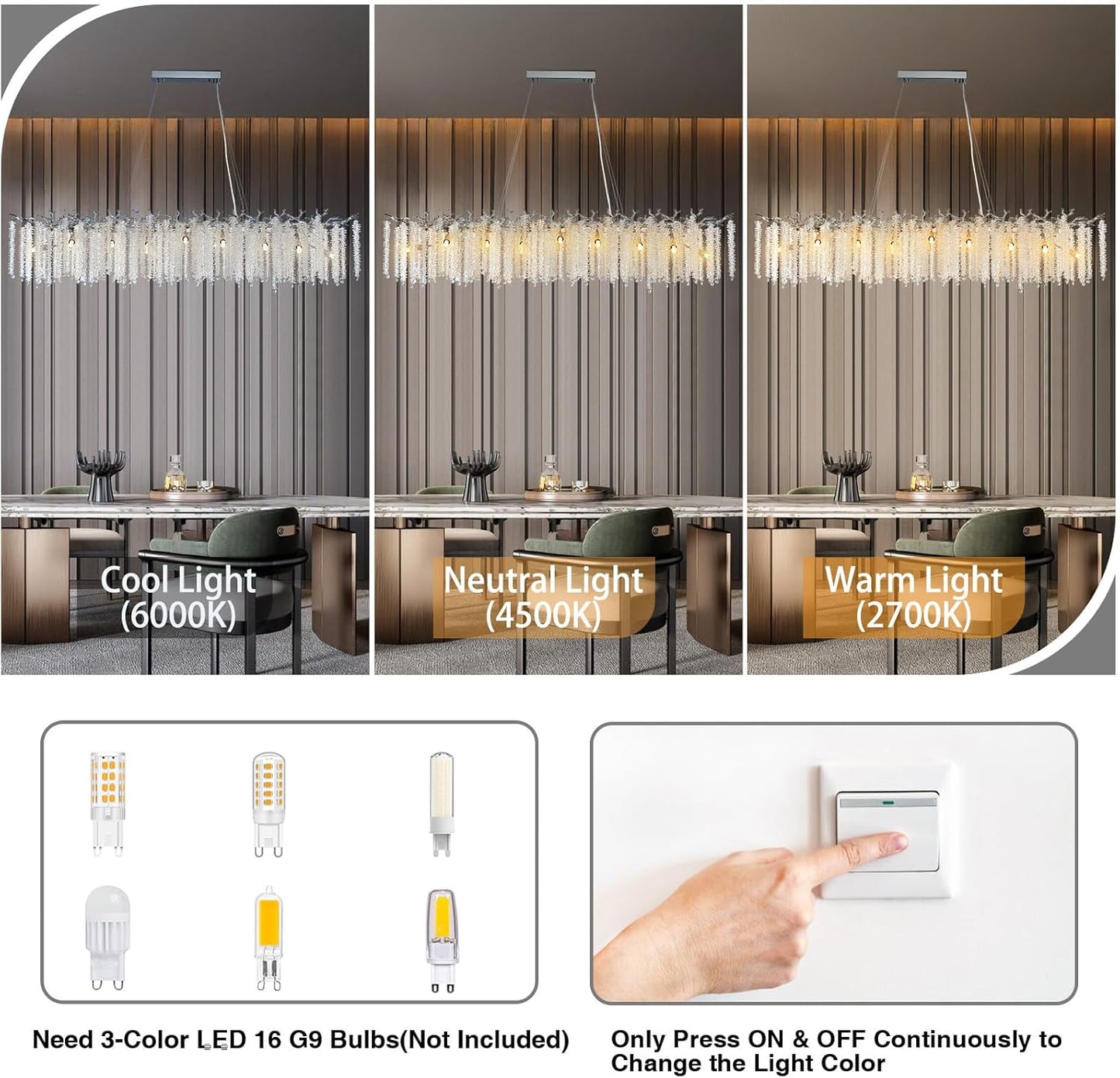 YUYI Modern Crystal Chandelier, 60" Silver Tree Branch Chandelier for Dining Room, Large Rectangular, Luxury High Ceiling Light Fixture for Living Room, Kitchen, Foyer