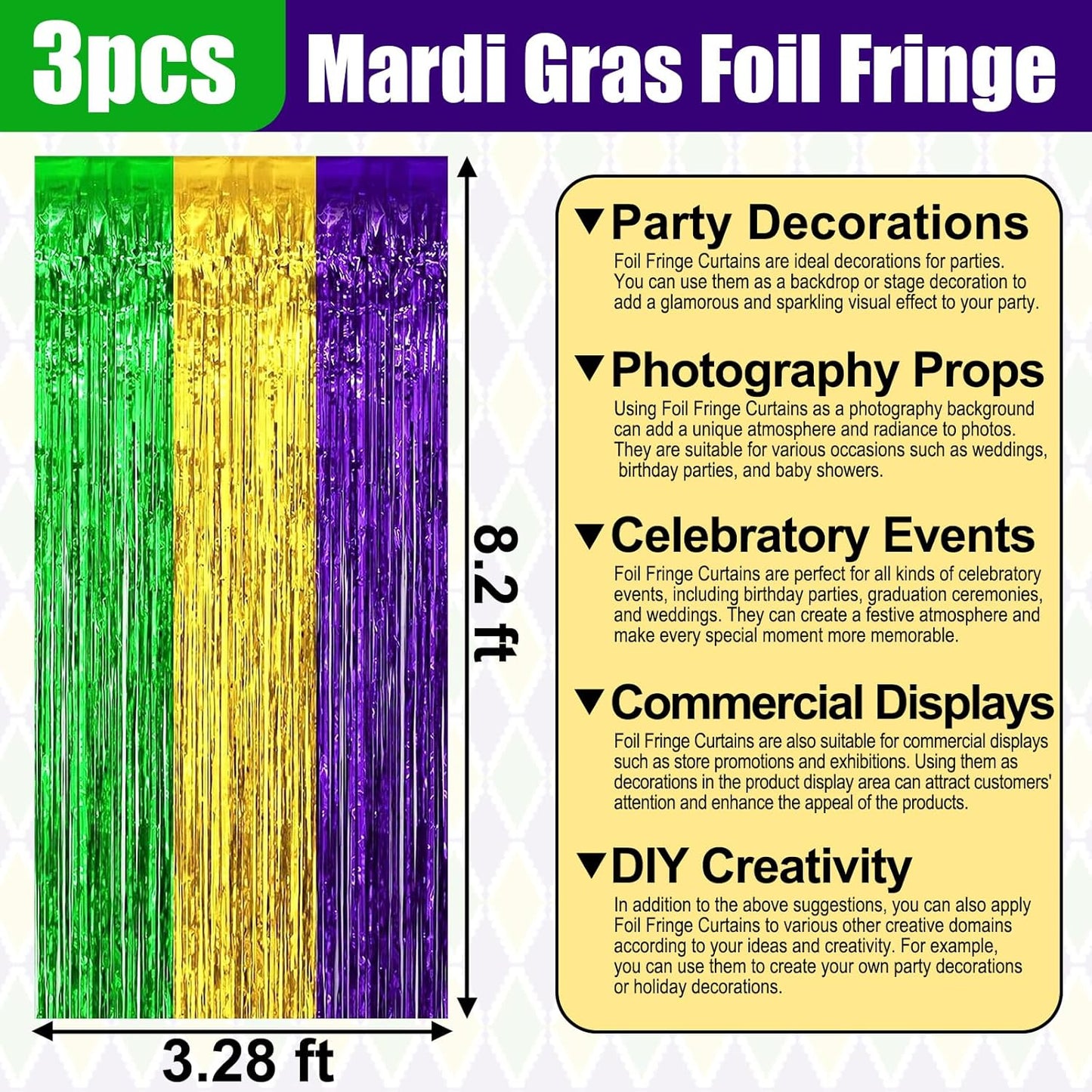 3 Pack Gold Green Purple Foil Fringe Curtain Backdrop, 3.28Ft x 8.2Ft Metallic Tinsel Foil Fringe Streamer Curtains for Photo Booth, Mother's Day, Easter, Birthday, Wedding Party Decorations