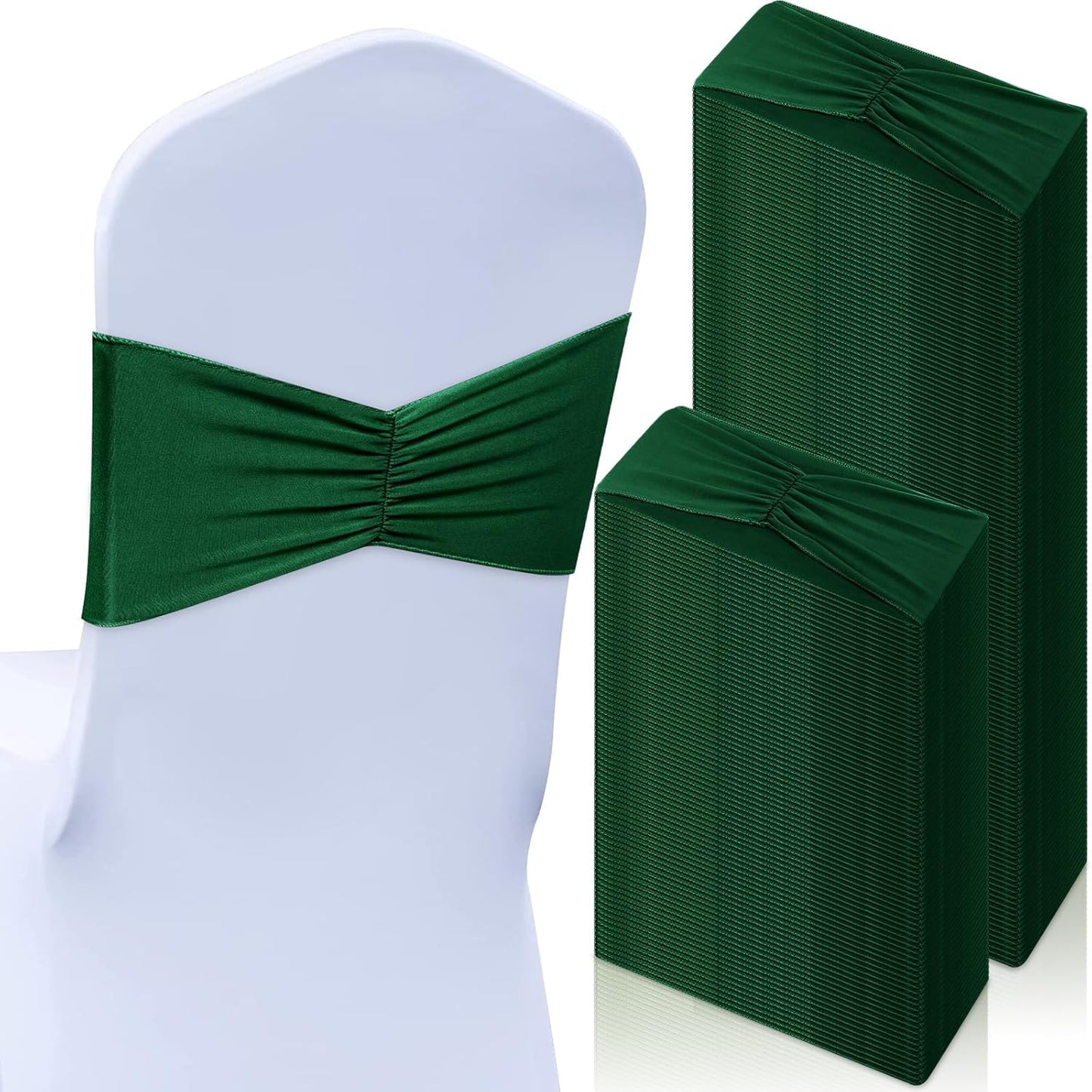 Moukeren 100 Pcs Spandex Chair Sashes Bows Bands Slider Sashes for Chair Covers Elastic Bands Ties Ribbon Decorations for Wedding Party Events Ceremony Birthday Banquet (Dark Green)