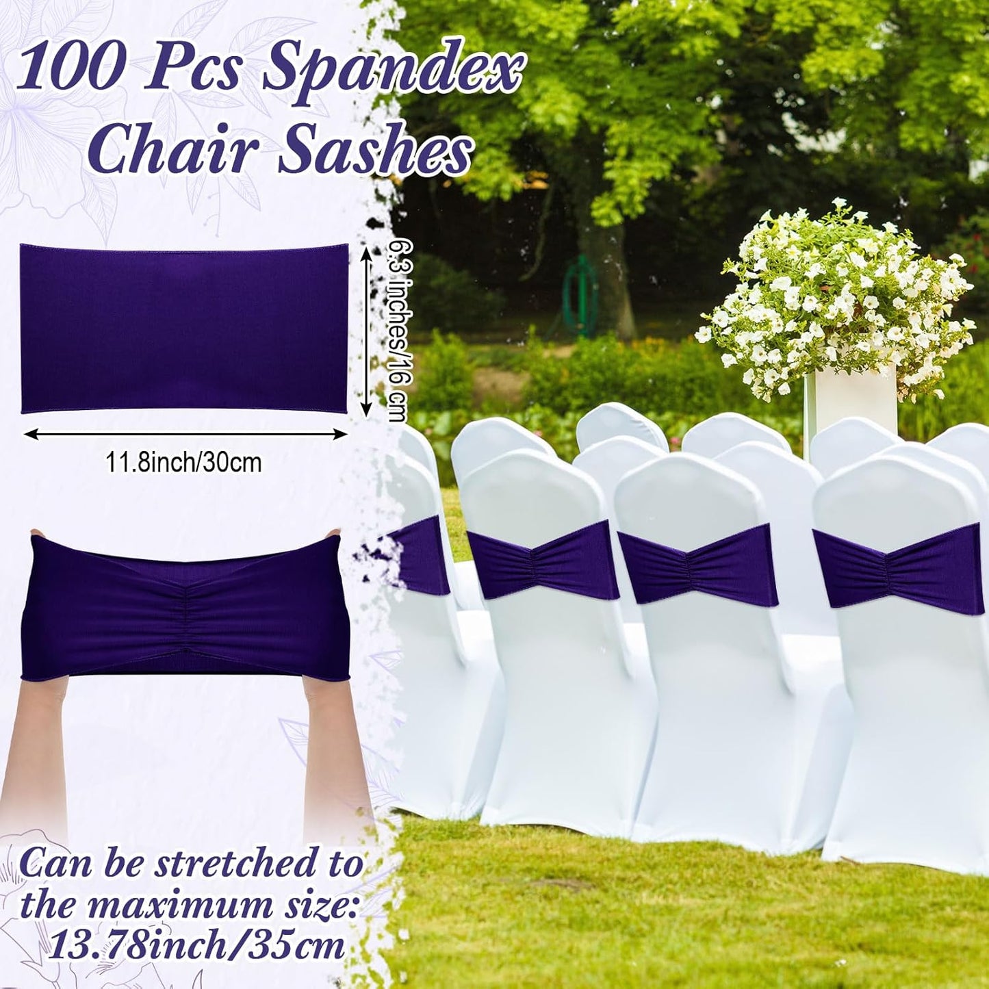 Moukeren 100 Pcs Spandex Chair Sashes Bows Bands Slider Sashes for Chair Covers Elastic Bands Ties Ribbon Decorations for Wedding Party Events Ceremony Birthday Banquet(Deep Purple)