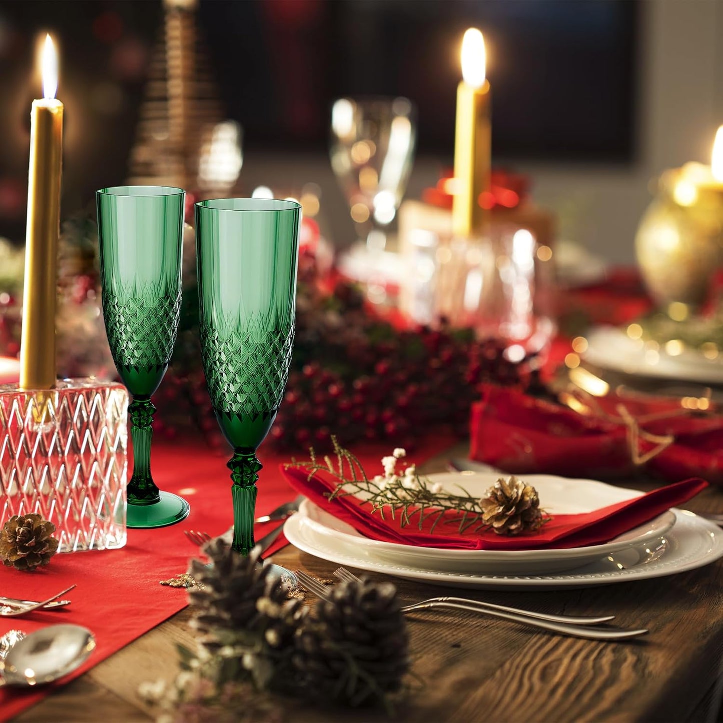 Plastic Champagne Flutes, 24PCS Dark Green Wine Glasses Goblets Cups Reusable Flute, for Christmas Weddings Bachelor Parties Toasting and Events(24, Dark Green)