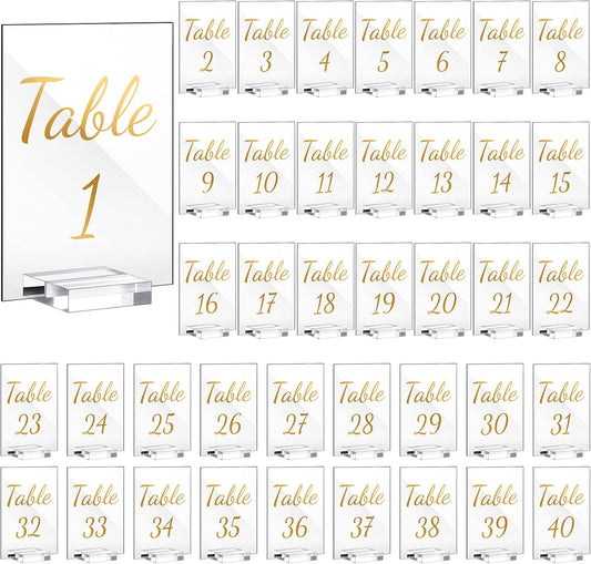 40 Pack Gold Acrylic Wedding Table Numbers 1-40 Clear Stand with Calligraphy Holders - 4 x 6 Inch Acrylic Table Signs for Wedding Reception Centerpieces