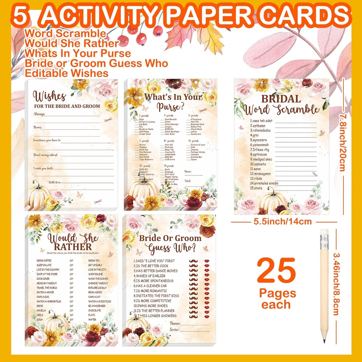 Teling 145 Pieces Bridal Shower Game Bridal Shower Favors Set Wedding Games Cards and Pencils for Bride Groom Bachelorette Party Wedding Party Favor(Fall in Love)