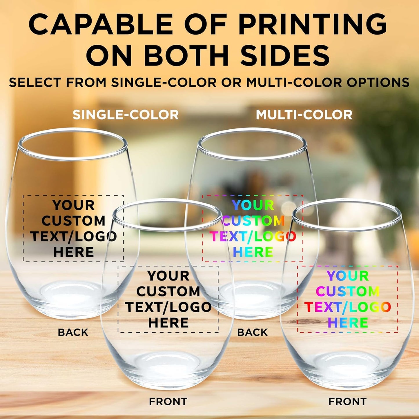 Custom Stemless Wine Glass 9 oz. Set of 50, Personalized Bulk Pack - Great for Wedding Favors, Bachelorette Party Decorations, Party Favors, Color Bottom - Clear