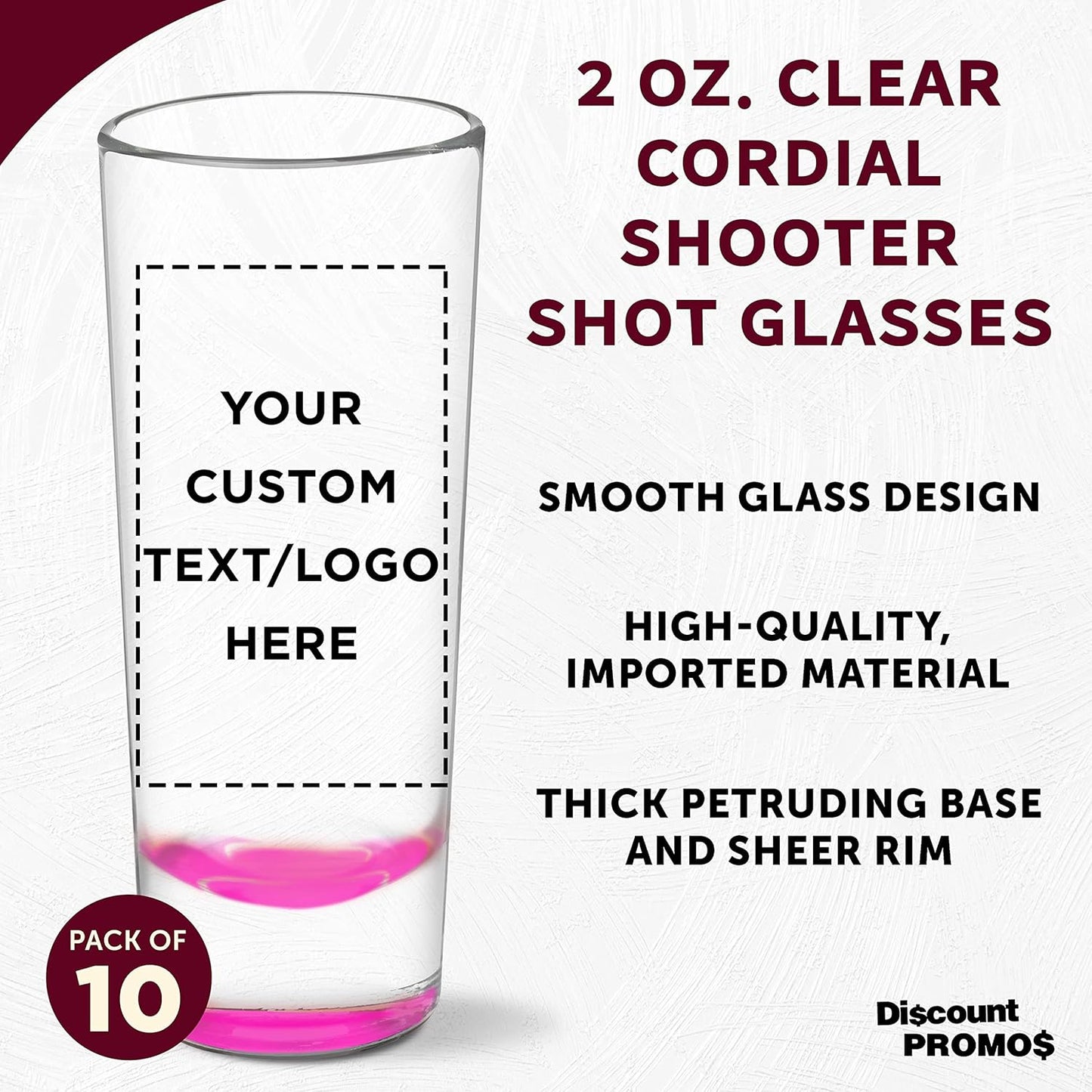 Custom Cordial Shooter Shot Glasses 2 oz. Set of 10, Personalized Bulk Pack - Great for Birthdays, Parties, Indoor & Outdoor Events - Pink