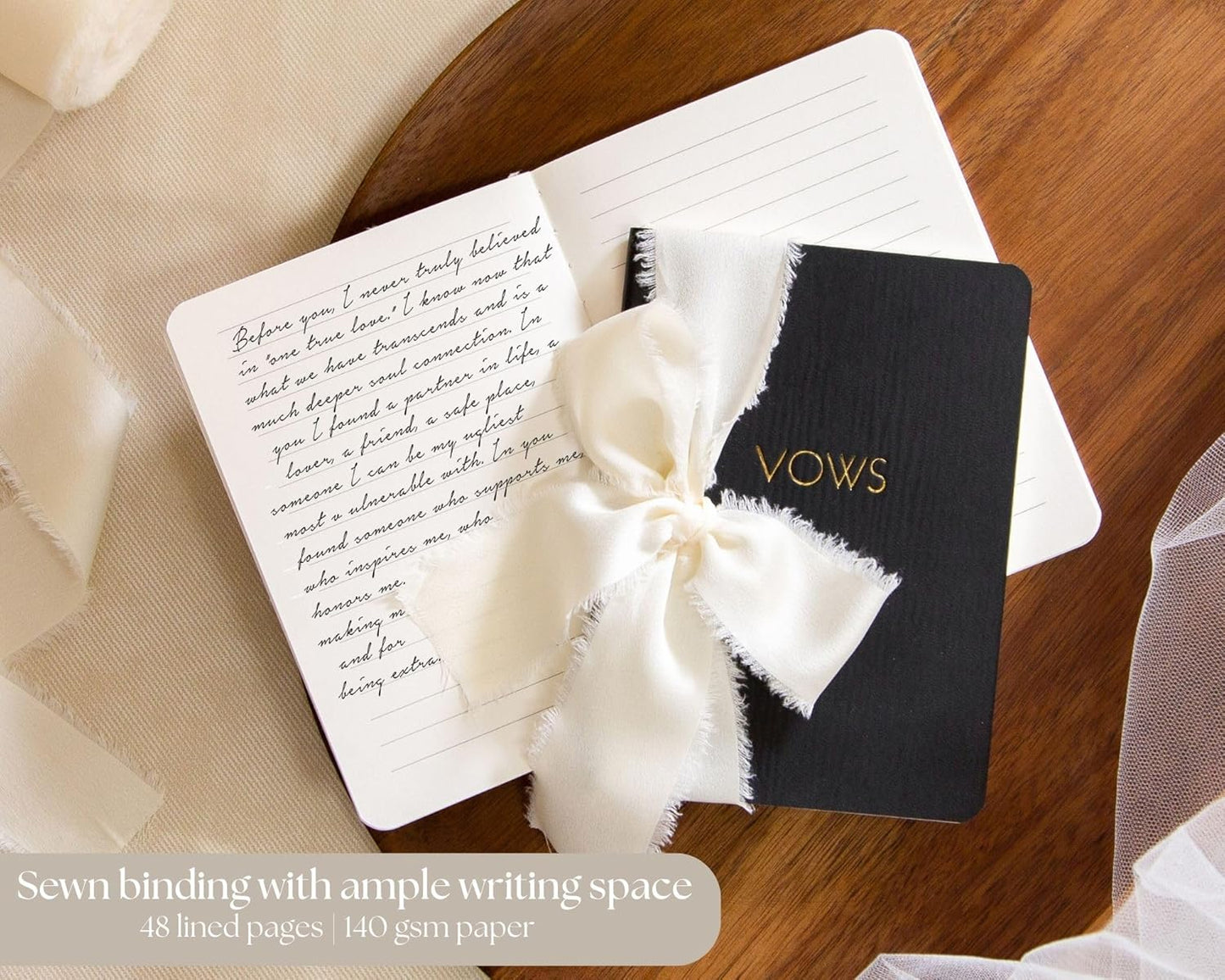 Black White Embossed Slim Vow Books w/Ribbon (Set of 2) - 5.625 x 4 Minimalist Pocket Sized Embossed Wedding Ceremony Vow Renewal Speech Notebook Journal