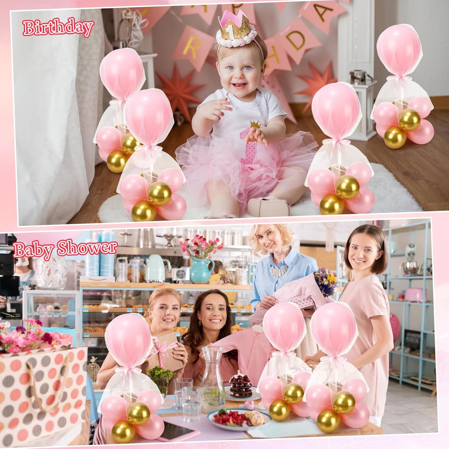 BBTO 8 Set Table Centerpieces Balloons Stand Kit, 80 Pcs Latex Balloons and Table Stand Holder with Base Tulle for Wedding Birthday Baby Shower Party (Pink, Gold)
