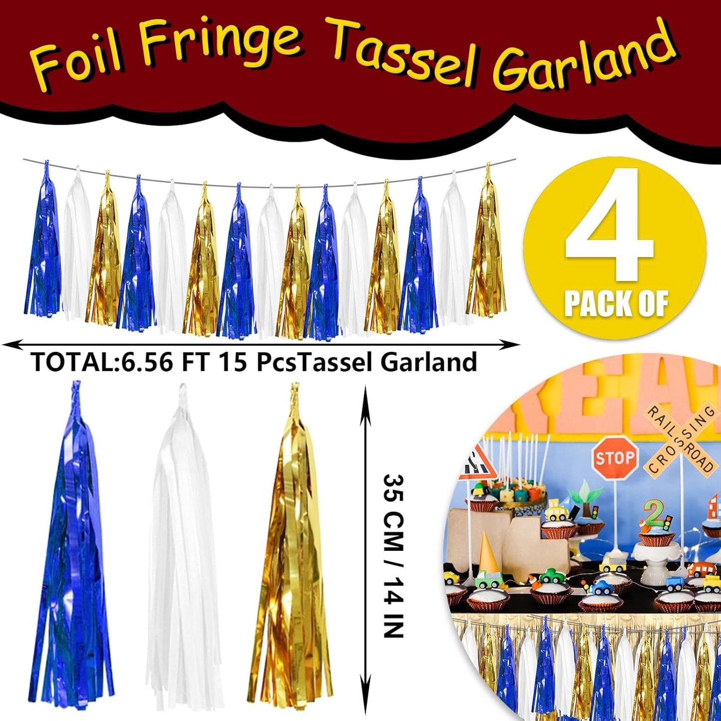 4 Pack Navy-Blue White and Gold Foil Fringe Tassel Banner Garland Metallic Tinsel Streamers Wall Hanging Curtain Backdrop Banners for Parade Floats, 2025 Graduation, Retirement Party Decoratio