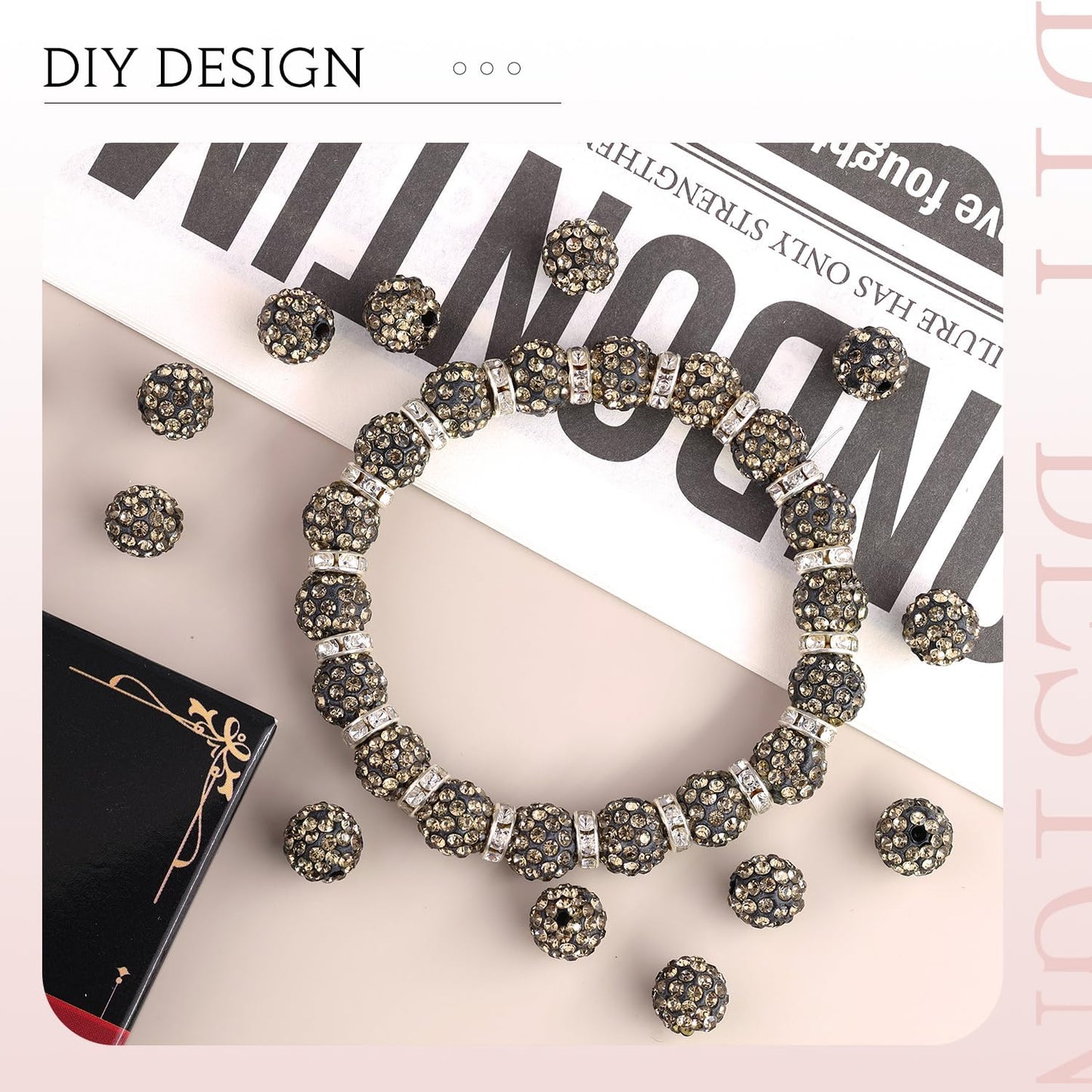 150pcs 10mm Rhinestone Beads for Jewelry Making, Gray Shiny Round Shamballa Disco Ball Beads Bulk, Sparkle Crystal Clay Christmas for Bracelet Baseball Necklace Earring Crafting and DIY