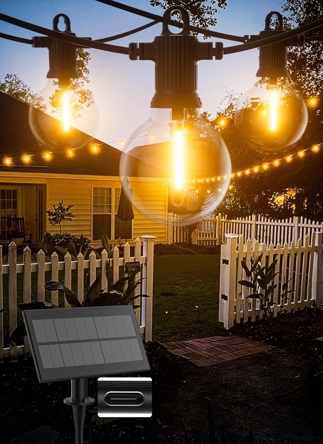 Solar String Lights Outdoor Waterproof 100FT with USB Port and 52 Shatterproof G40 Bulbs(2 Spare), LED Solar Powered Patio Lights for Outside, Porch, Backyard, Gazebo, Garden(Warm White)