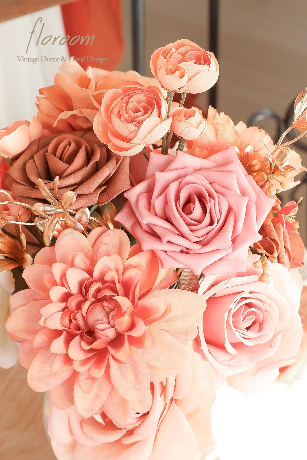 Floroom Terracotta Artificial Flowers Burnt Orange Fake Roses Dahlias and Greenery Combo Box Set for DIY Wedding Bouquets Bridal Shower Centerpieces Floral Arrangements Party Tables Home Decorations