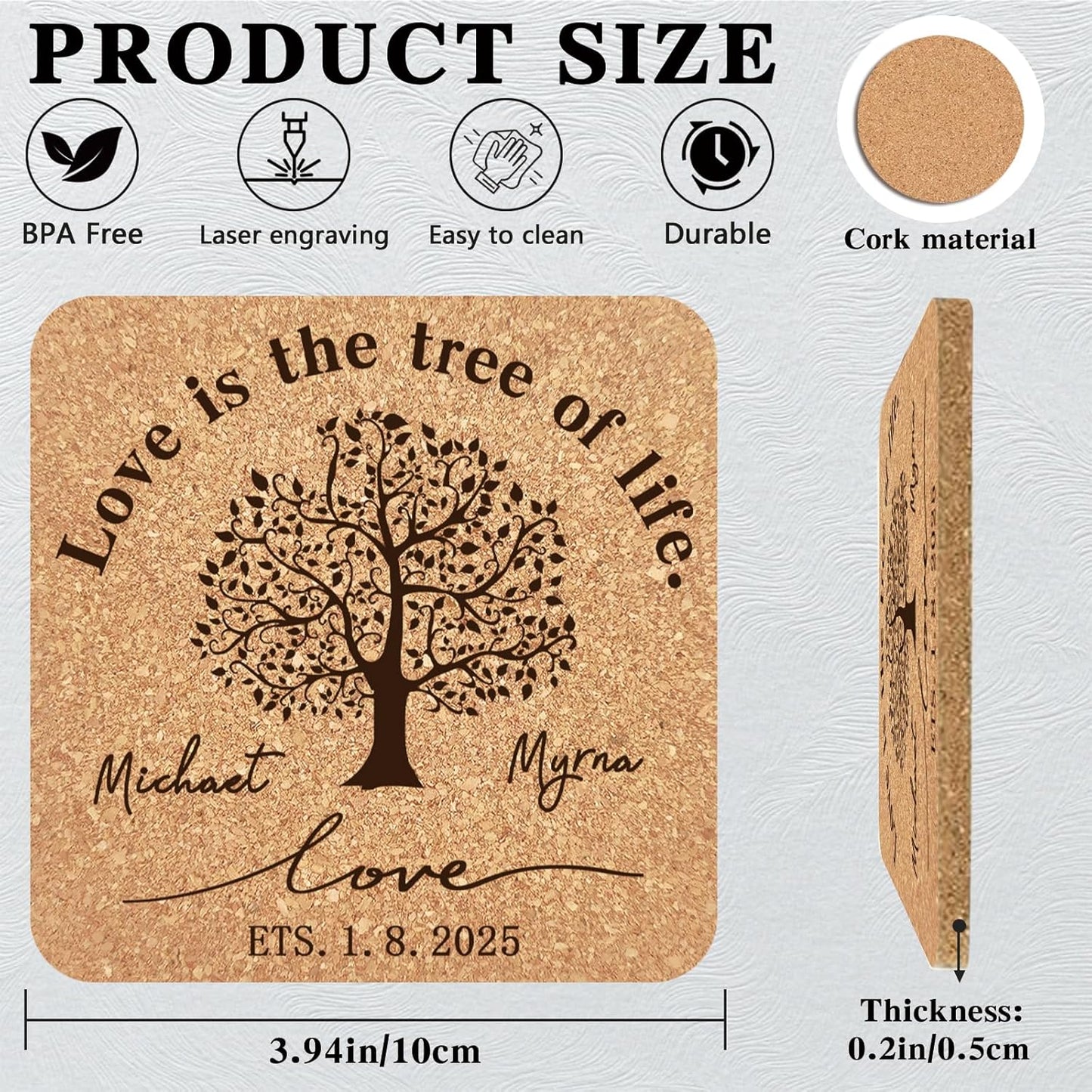 Custom Coasters Personalized Cork Coasters Bulk with Logo Wedding Personalized Cork Natural Wood Engraved Drink for Wedding Favors (Cork Coasters - Square)