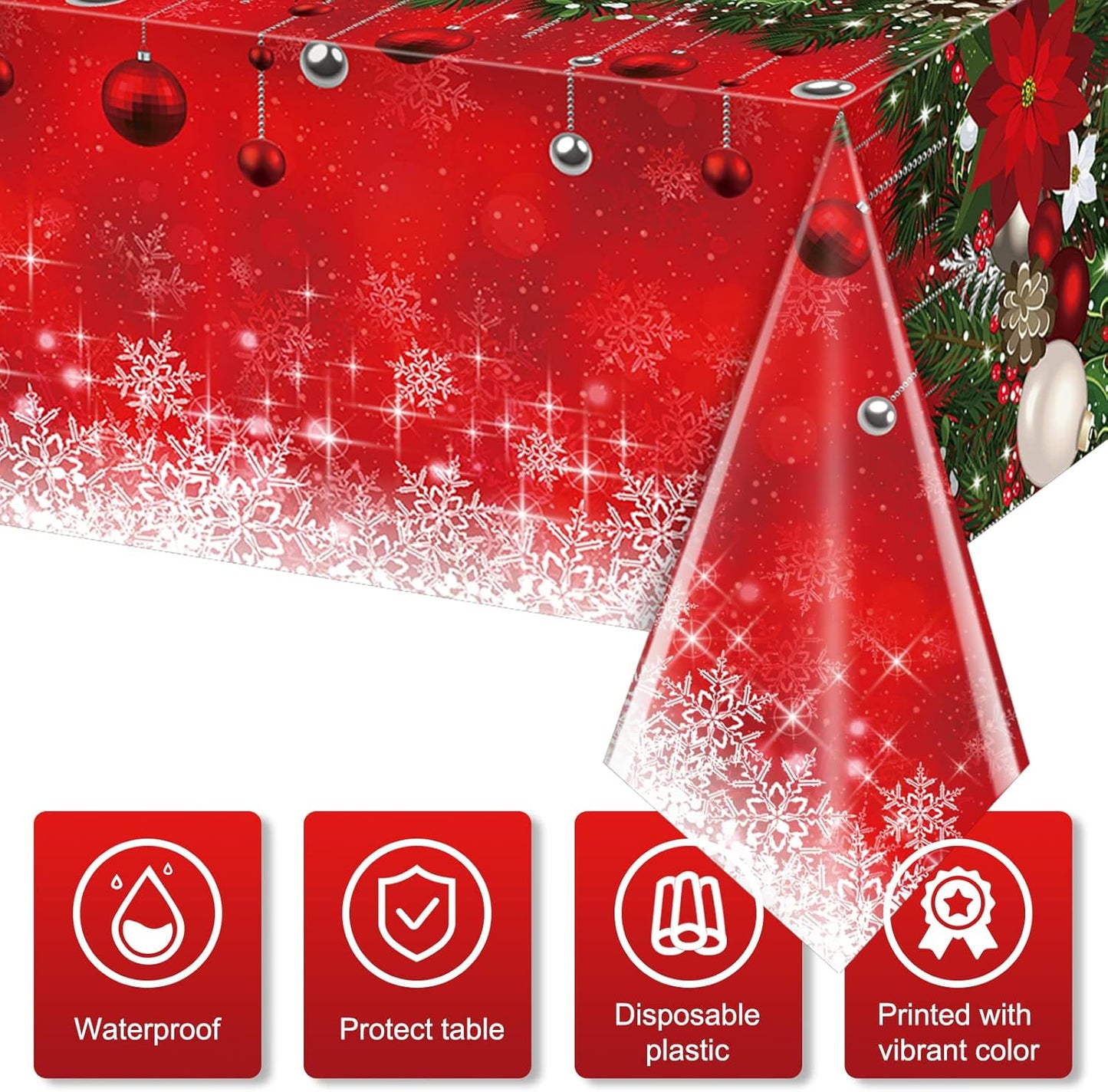 1Pieces Merry Christmas Tablecloth Plastic Christmas Tree Ball Table Cover Rectangle Winter Snowflake Tablecloth for Merry Christmas Holiday New Year Eve Party Decorations Supplies,54x108inch