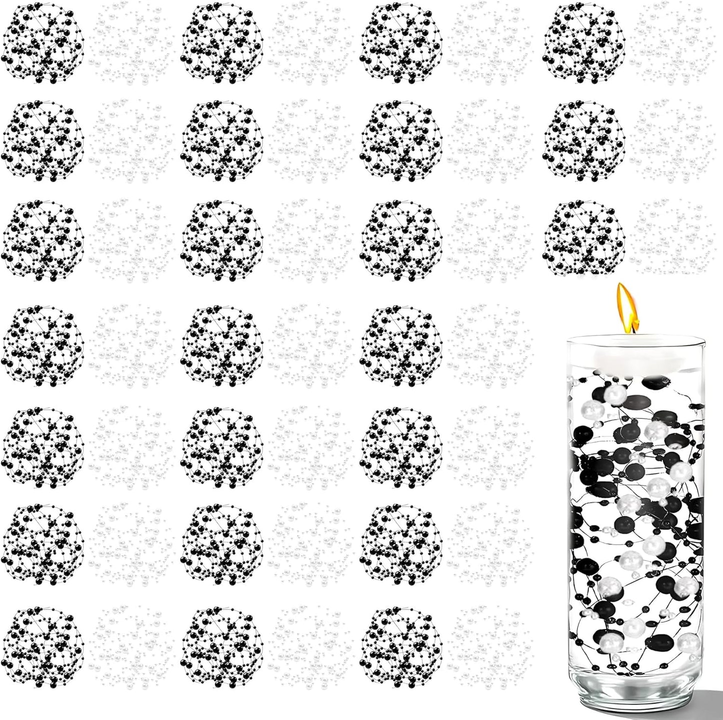 50 PCS Artificial Floating Beads for Centerpieces Vases, Black&White 8+3mm String Beads for Wedding Party Faux Pearl String for Decorating, String Pearls for Crafts Vase Filler