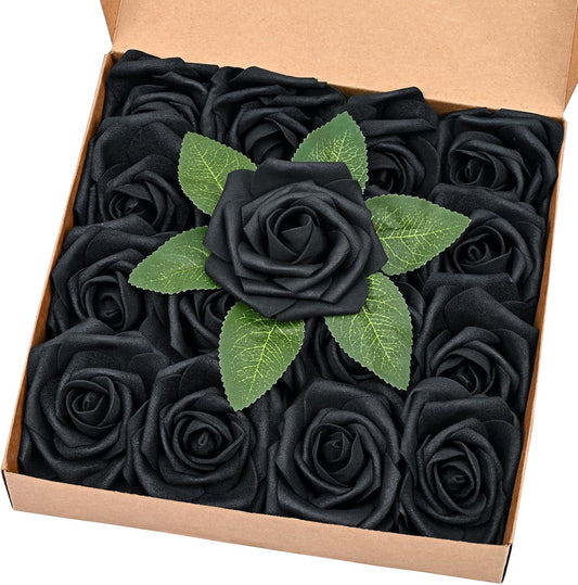 BLEUM CADE 16Pcs Artificial Flowers Fake Roses with Stems, Black Boxed Foam Roses for DIY Bouquets Centerpieces Wedding Party Arrangement Bridal Shower Decor