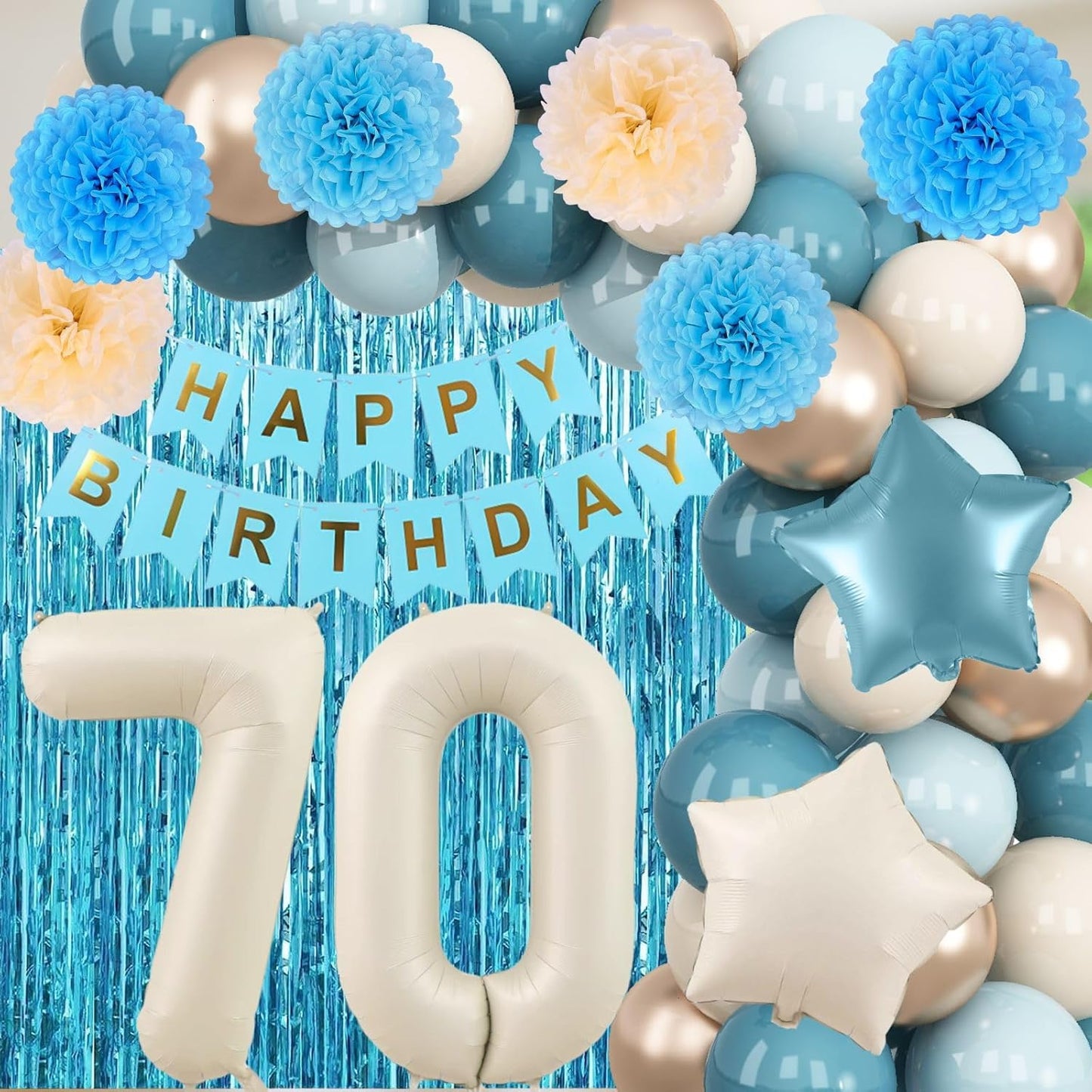 Dusty Blue 70th Birthday Party Decorations for Women Men Beige Cream Number 70 Balloon with Blue Gold Happy Birthday Banner Fringe Curtain Paper Pom Poms Nude White Sand Champagne Star Foil Balloons