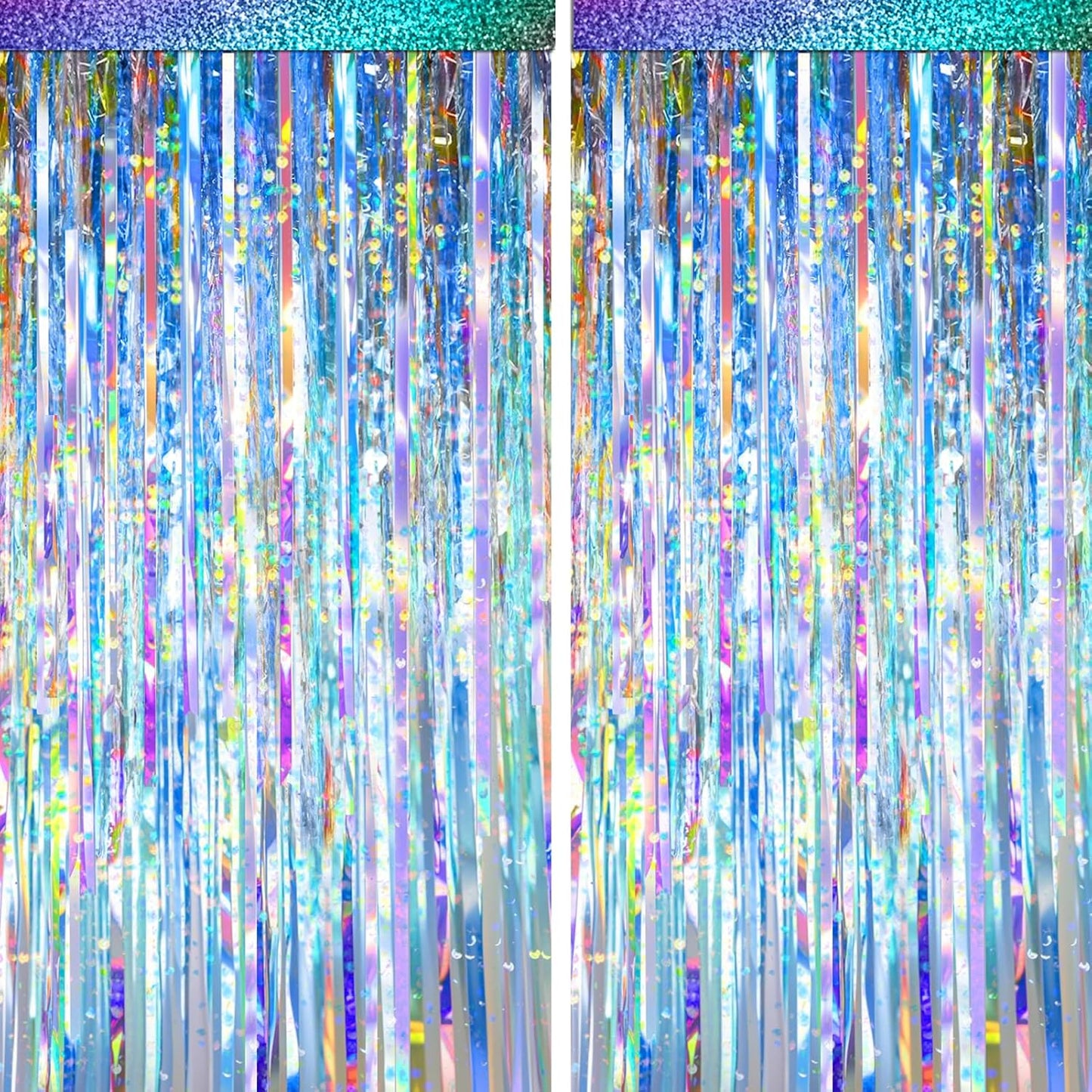 2 Packs Iridescent Foil Fringe Curtain, Neon Transparent Holographic Tinsel Backdrop for Birthday, Wedding, Baby Shower, Mermaid, Euphoria, Iridescent Party Decorations Supplies