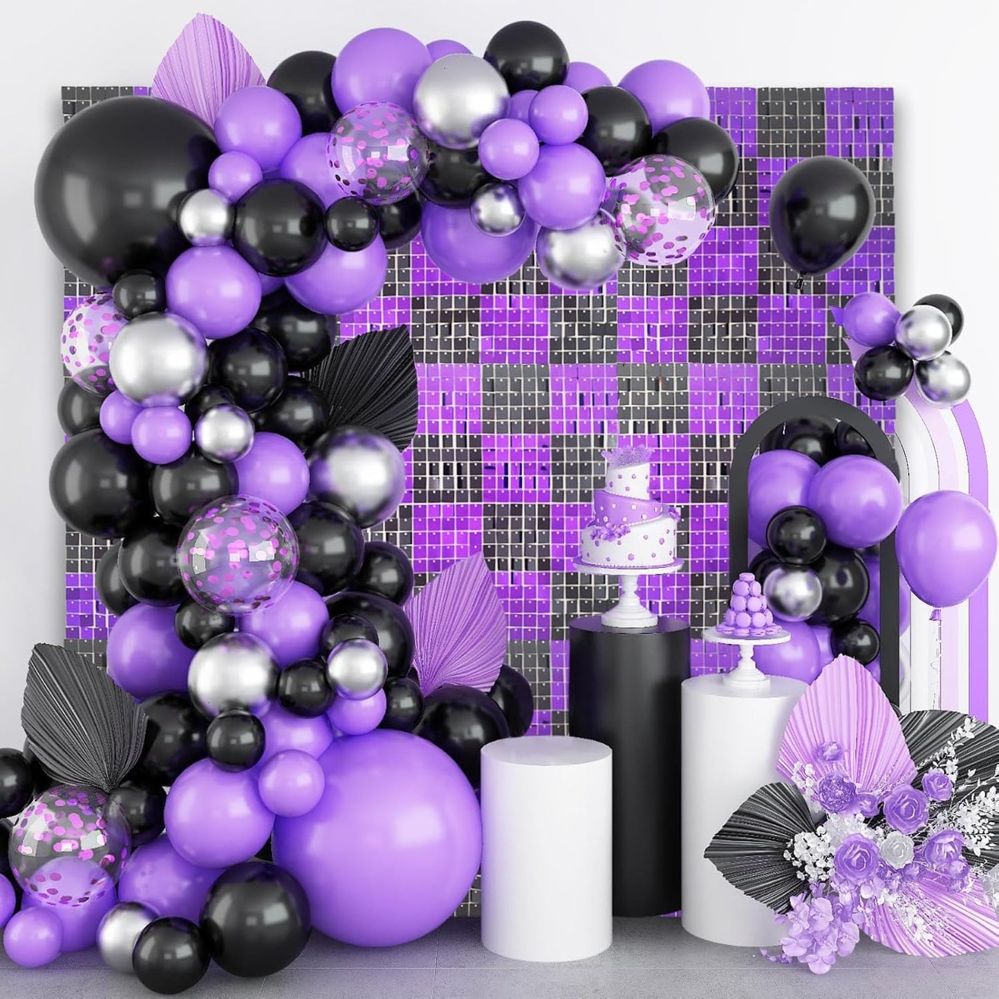 24PCS Black Purple Shimmer Wall Backdrop, Square Sequin Photo Backdrops Panel, Glitter Wall Background for Birthdays, Weddings, Christmas, Engagements, Halloween Party Decor (4FTx6FT)