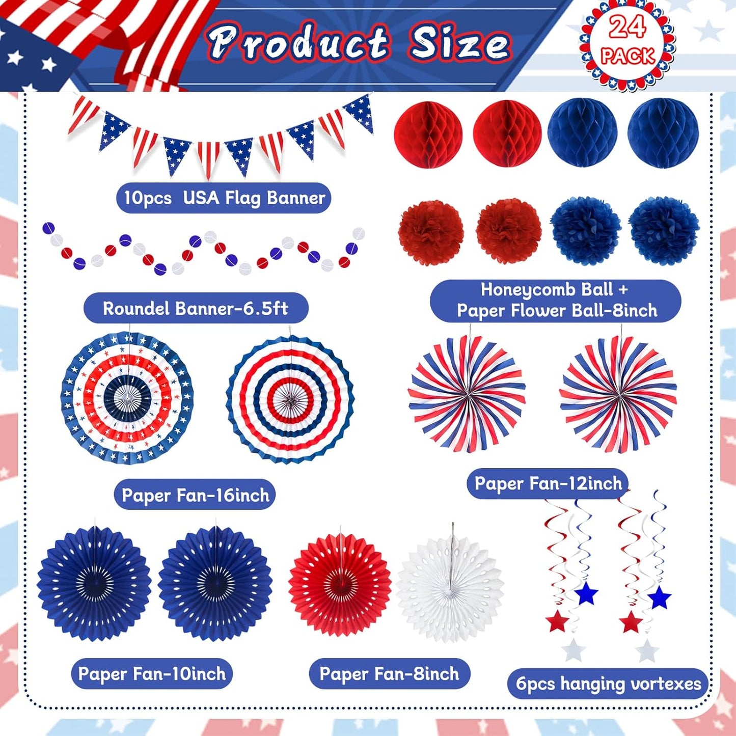 24PCS Patriotic Decorations 4th of July Decorations Set Red White Blue Hanging Paper Fans USA Flag Pennant Pom Poms Hanging Swirls Party Supplies for Memorial Day Independence Veterans