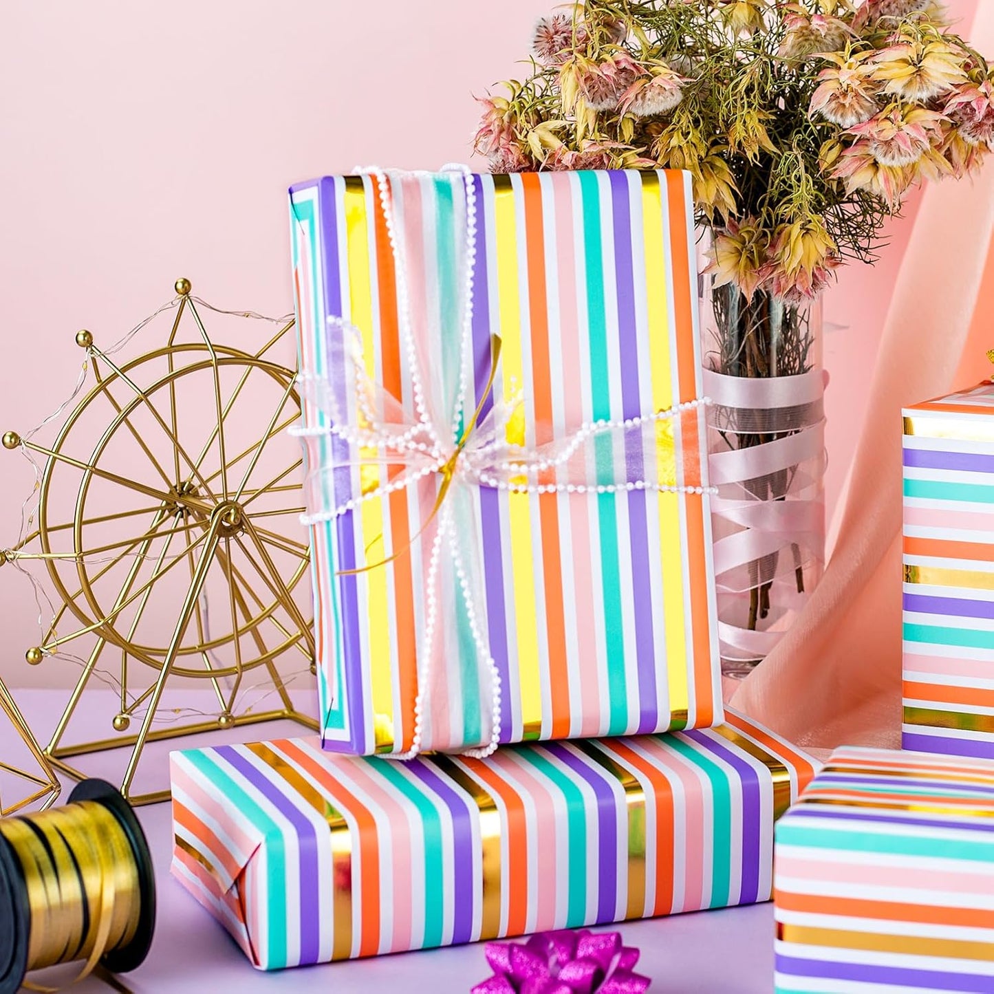 Yarcony Gift Wrapping Paper Roll, Rainbow Wrapping Paper, Colorful Stripes Gift Wrap with Gold Foil for Birthday, Baby Shower, Wedding, Christmas, All Occasions (Mini Roll, 17 Inch X 33 Feet)