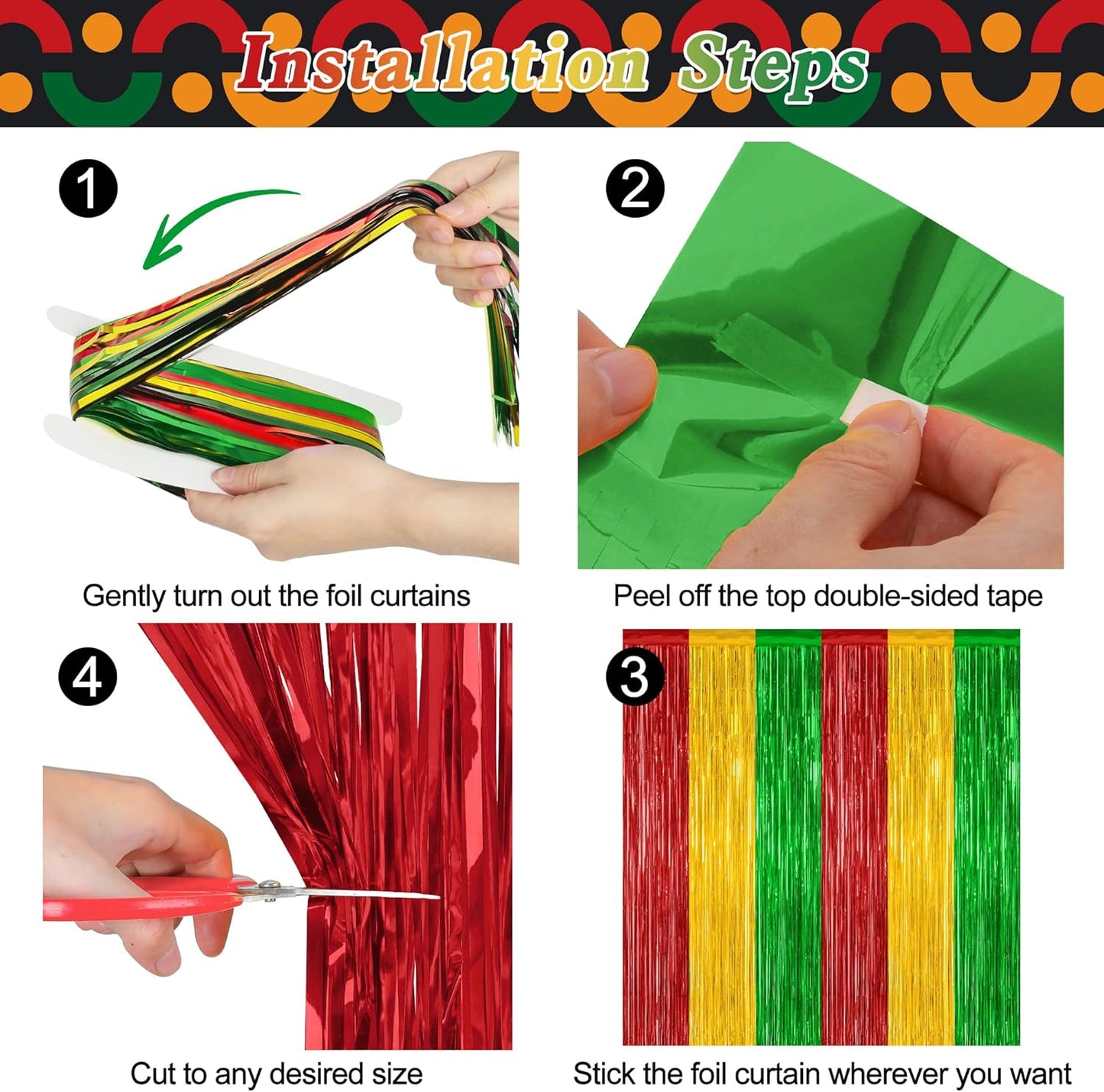 2 Pack Black History Month Decorations, 3.28 FT x 7.05 FT Backdrop Curtains, Red Yellow Green Color Tinsel Backdrop Fringe Curtains Party Streamer, Black History Month Door Decor