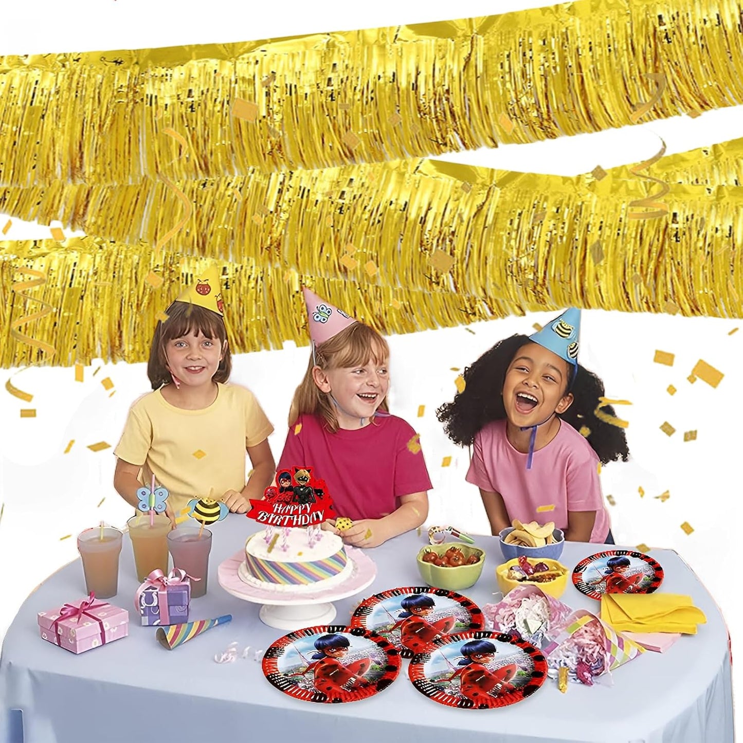 Gold Foil Fringe Garland 10FT 6packs, Metallic Foil Tinsel Fringe Banners for Parade Float Decorations Wedding, Birthday Party Graduation (six Gold)