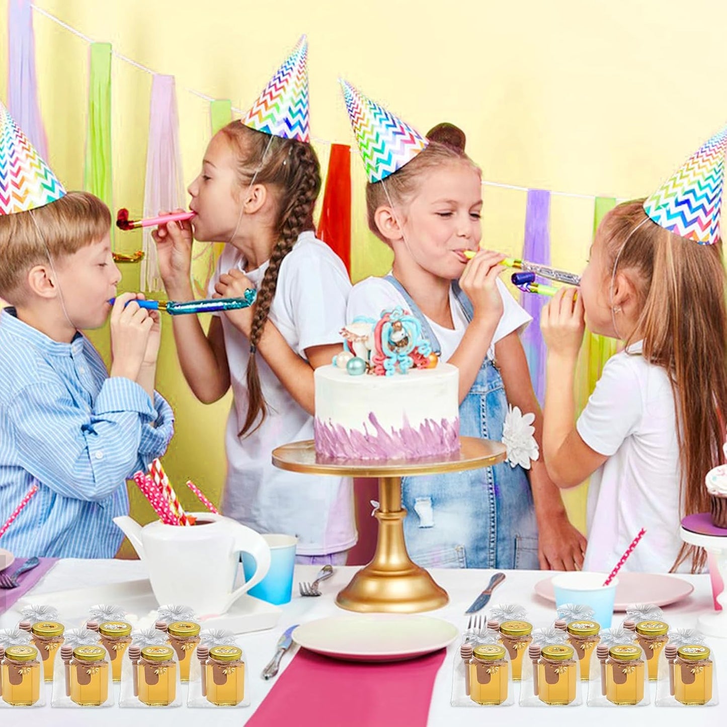 Aliggbent 35 Pack Small Honey Jars for Party Favors in Bulk, 4 oz Mini Hexagon Glass Honey Jars with Dippers, Lids, Cute Stickers, Bee Charms, Gift Bags & Jute for Baby Showers, Weddings, Birthdays