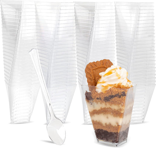 Ilyapa 3oz Plastic Dessert Cups - 100 Pack Mini Dessert Cups with Spoons - Clear Reusable Small Appetizer Cup for Cheesecake Shooters, Chocolate Mousse - Party and Catering Supplies - Triangle