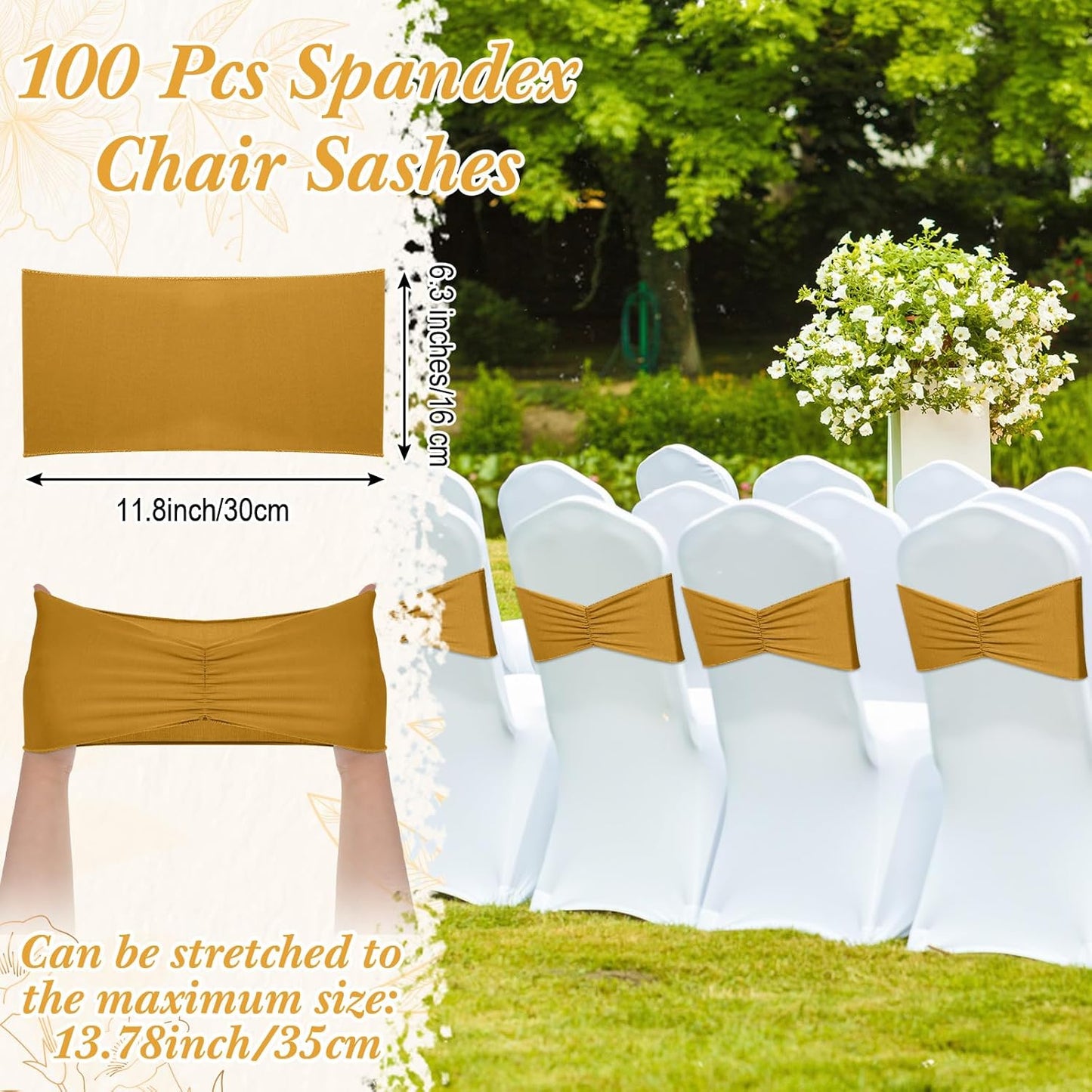 Moukeren 100 Pcs Spandex Chair Sashes Bows Bands Slider Sashes for Chair Covers Elastic Bands Ties Ribbon Decorations for Wedding Party Events Ceremony Birthday Banquet(Gold)