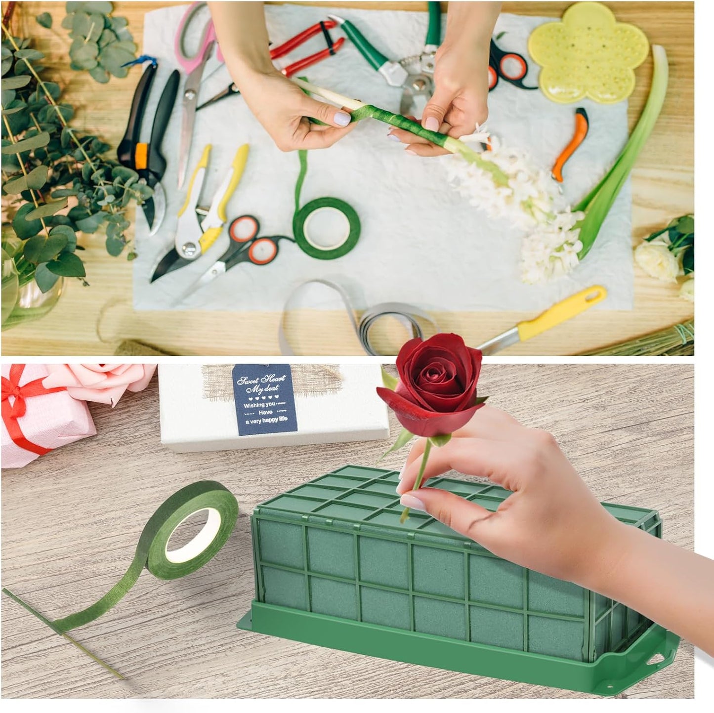 YOMUME Floral Foam Cage 2 Pieces, Flower Cage Holder with Foam for Fresh Flower Arrangement and Artificial Flowers, Dry and Wet Floral Foam Blocks for Table Wedding Decor