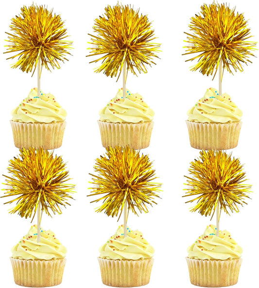 Gyufise 30Pcs Foil Firework Cupcake Toppers Sparkle Tinsel Cake Toppers Tinsel Drink Cake Decoration Cocktail Picks for Birthday Wedding Graduation Party Supplies Dark Gold
