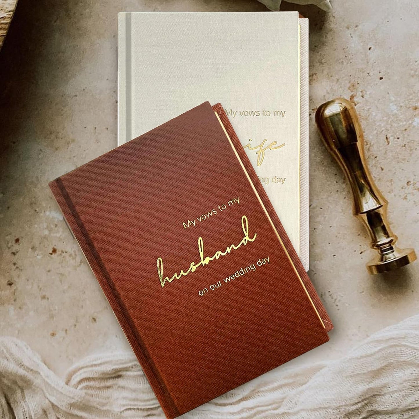 Vow Books His and Hers Set of 2 Canvas Linen Wedding Vow Books Husband and Wife Hard Cover Vow Books for Engagement Gifts(XZ-HW-Terracotta)