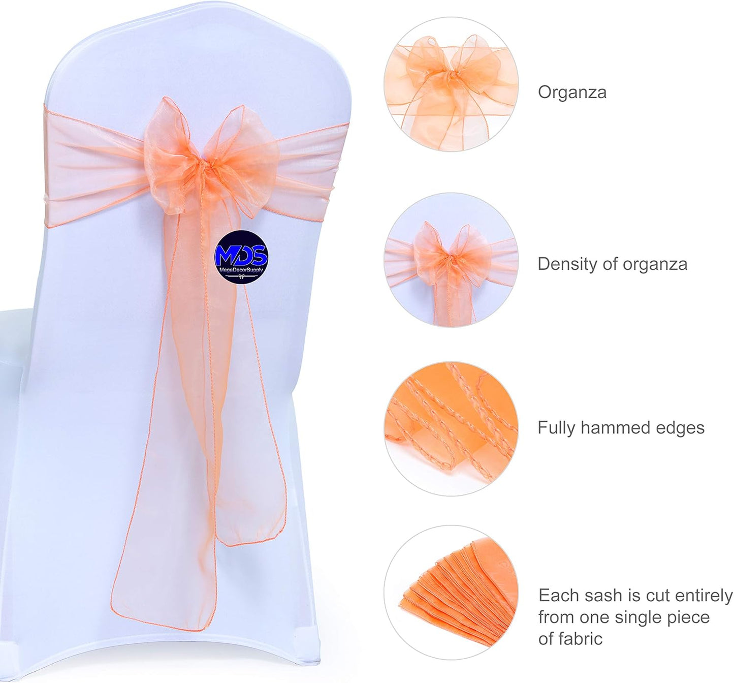 MDS Pack of 200 PCS Organza Chair Sashes Wider Dining Chair Bows Ribbon Tie Back for Wedding Party Birthday Bridal Shower Reception Event Banquet Home Chair Cover Decoration - Peach