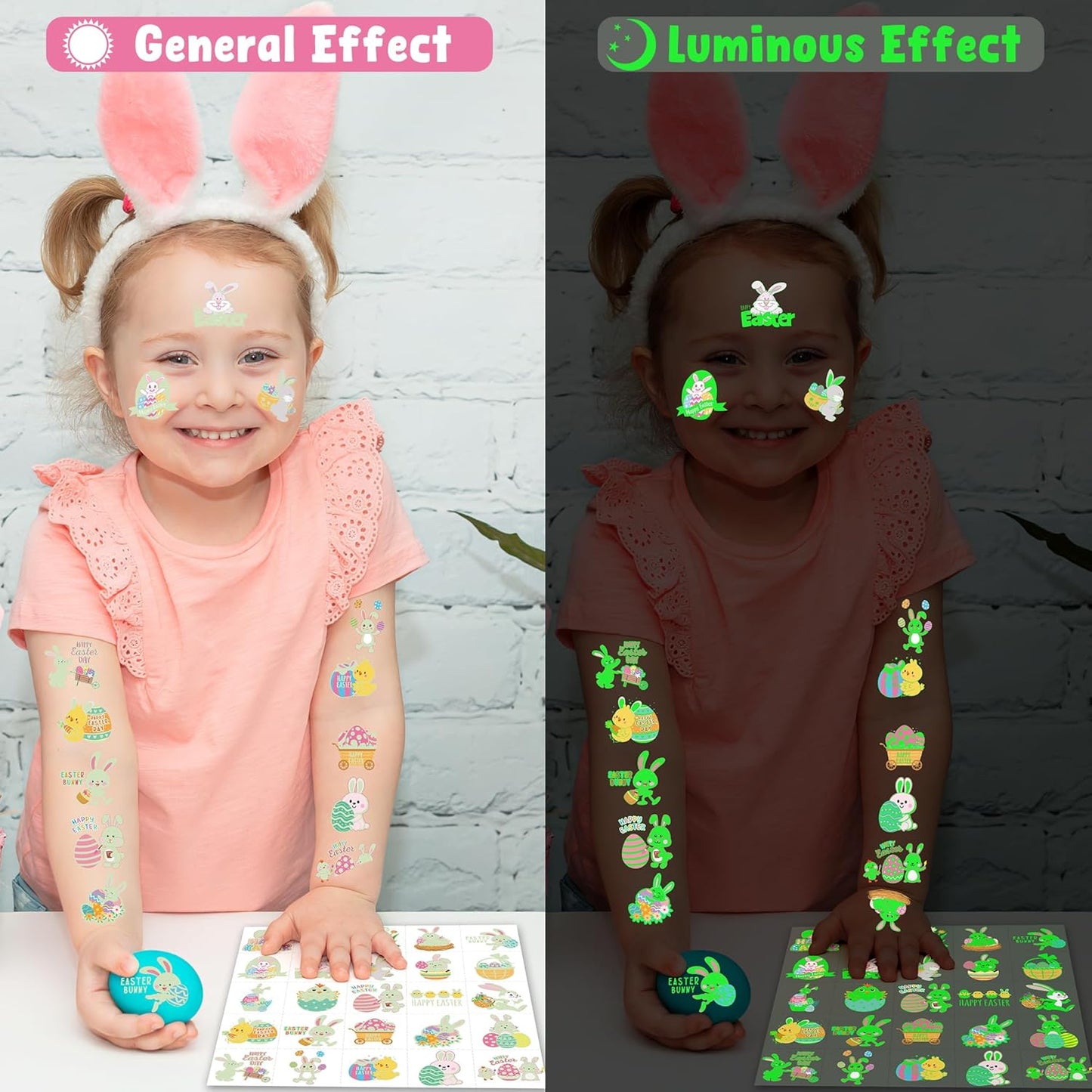 150 PCS Luminous Easter Tattoos for Kids, 25 Styles Glow Easter Stickers for Easter Basket Stuffers, Waterproof Easter Temporary Tattoos with Bunny Egg Chick for Easter Basket Filler Party Favors