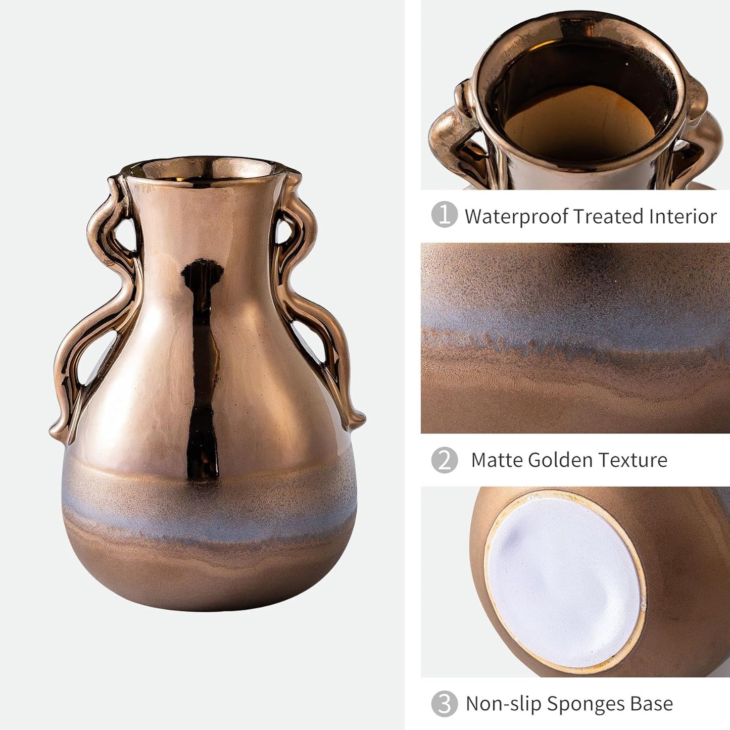 Gold Ceramic Vase with Handles, Brown Rustic Farmhouse Vintage Flower Vases Home Decor, Modern Amber Brown Tall Centerpiece Floral Small Vase for Living Room, Bedroom, Office Metal Glaze Finish 7.3 In