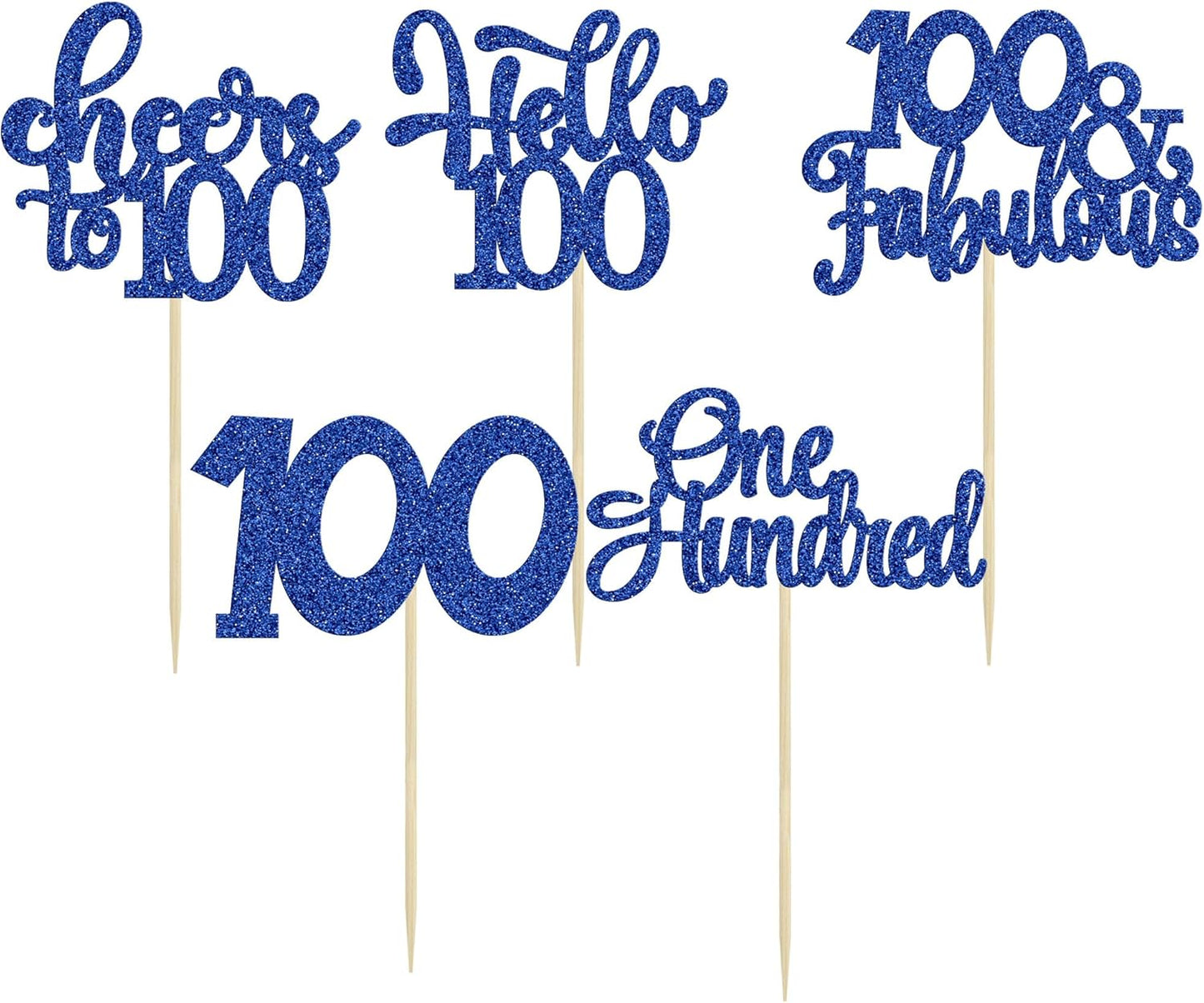 30pcs Happy 100th Birthday Cupcake Toppers - Deep Blue Glitter One Hundred Cheers to 100 Years Old Cupcake Picks for Anniversary Party Cake Decorations