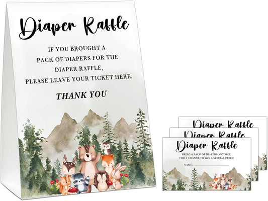 Woodland Baby Shower Game, Jungle Animal Safari 50 Diaper Raffle Tickets with 1 Standing Sign for Gender Neutral Shower - A04
