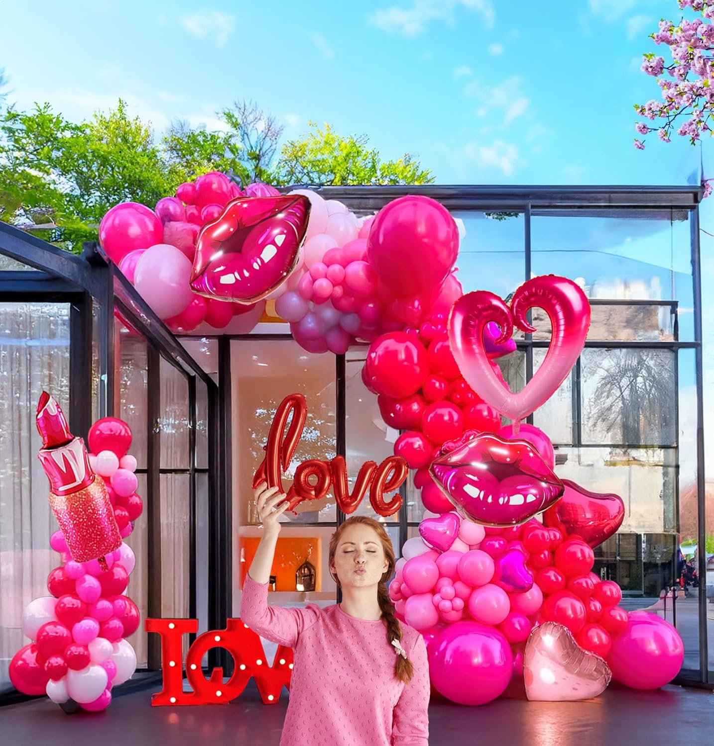 Valentines Day balloon garland arch kit with red Hot pink and love theme mylar lip heart-shaped love letter balloons for Valentines galentines Day Proposal decorations