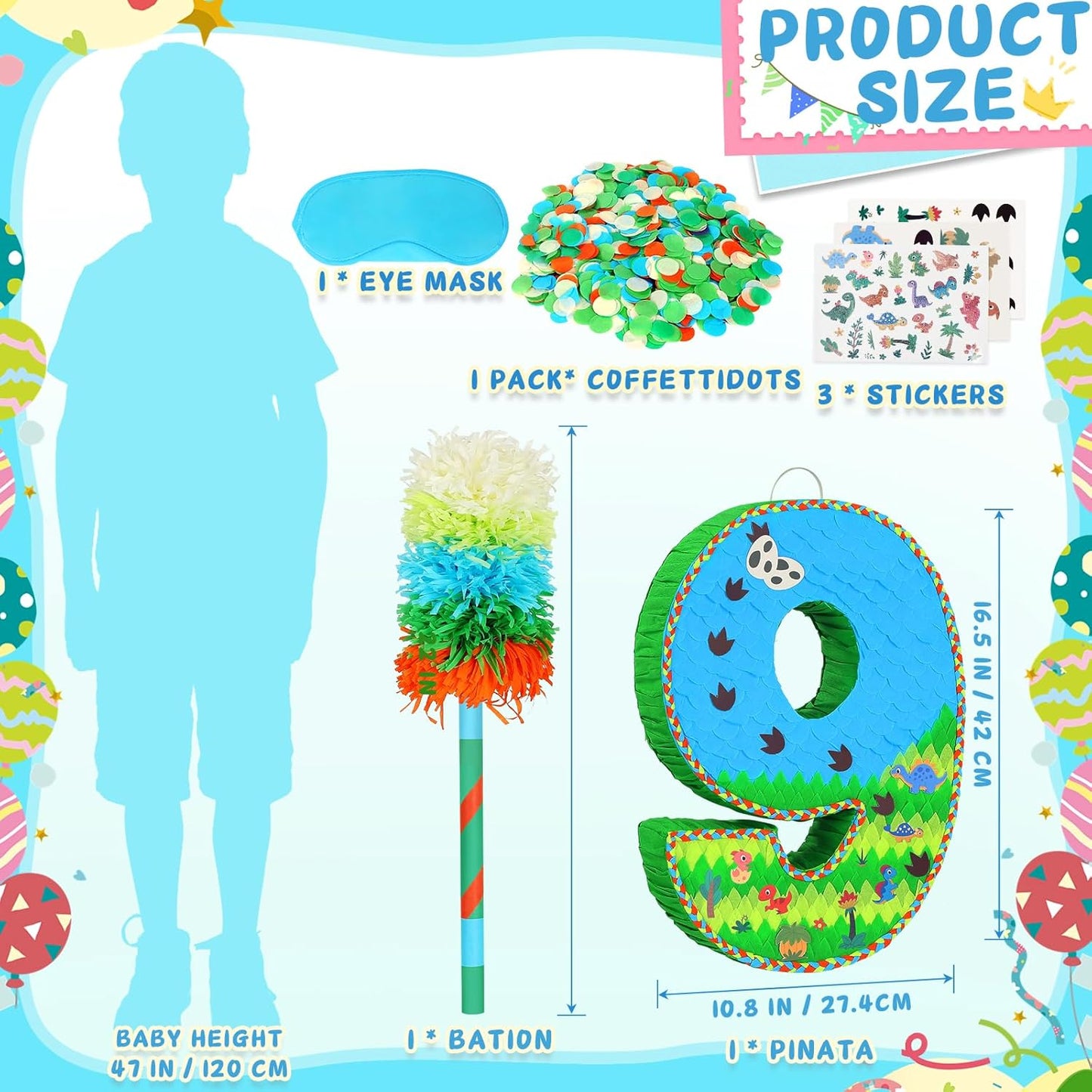 Number 9 Pinata for Birthday Party Decorations, Jungle Dinosaur Piñata Games Toy (9th)