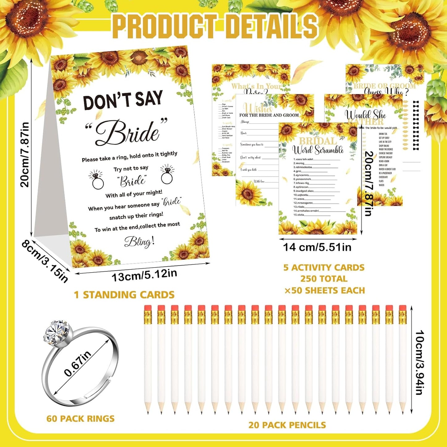 Estune 331 Pcs Bridal Shower Games Supplies, 5 Sets 250 Pcs Wedding Cards 1 Put a Ring on It Bridal Shower Games with 60 Rings and 20 Pencils(Sunflower Style)
